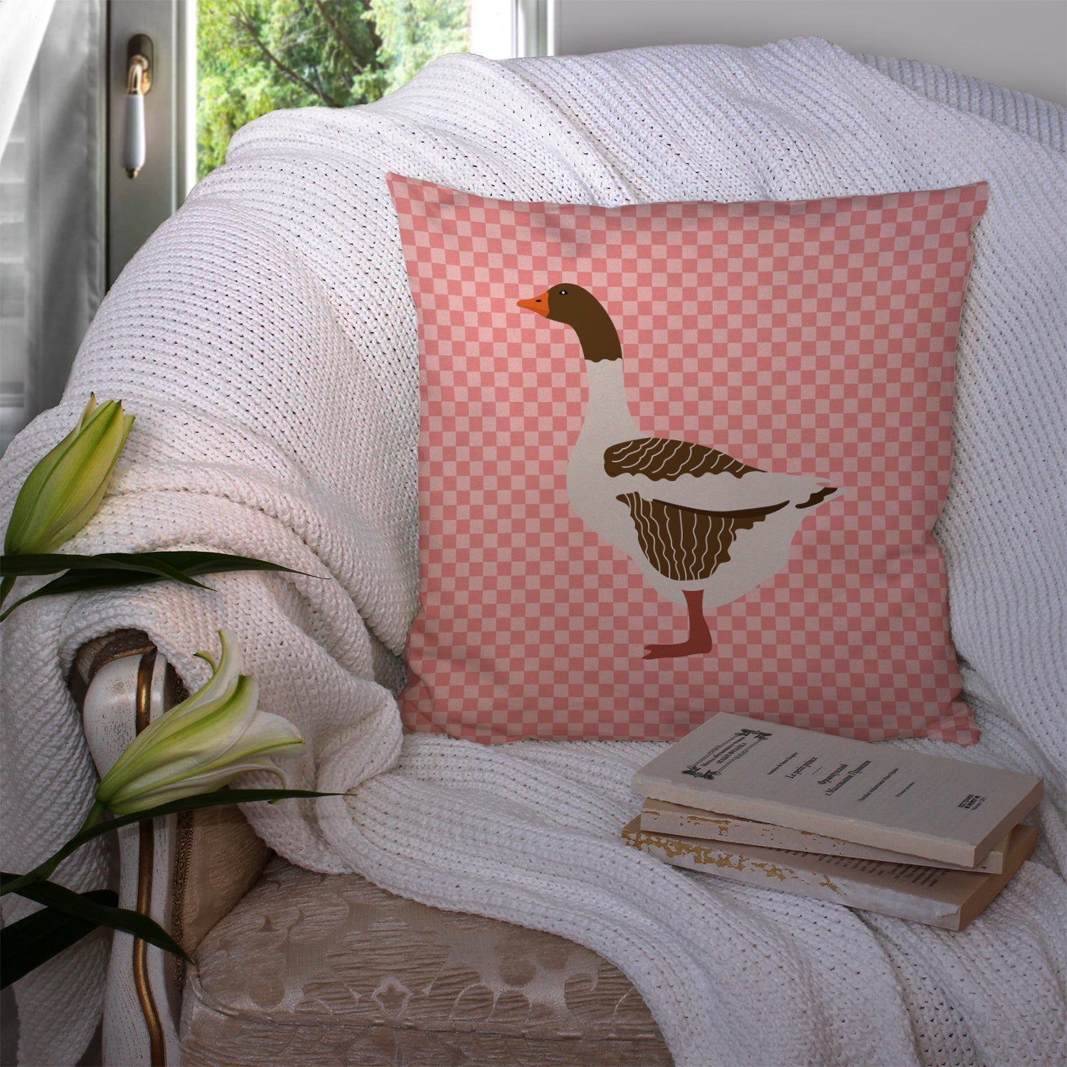 Pomeranian Rogener Goose Pink Check Decorative Throw Pillow 14x14 Indoor Outdoor Accent Cushion, Fabric Cover with Insert for Sofa, Bed, Porch & Living Room