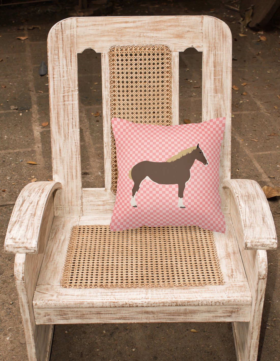 Percheron Horse Pink Check Decorative Throw Pillow 18x18 Indoor Outdoor Accent Cushion, Fabric Cover with Insert for Sofa, Bed, Porch & Living Room