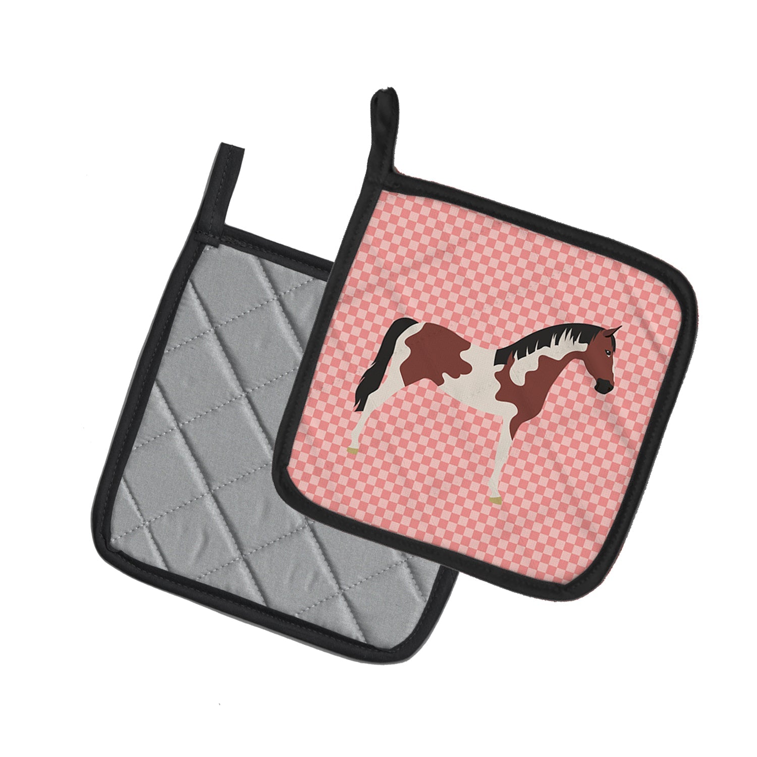 Pinto Horse Pink Check Pot Holder Set of 2 Heat Resistant Quilted Hot Pads 7.5 x 7.5 Inch, Insulated Kitchen Trivets for Cooking & Baking