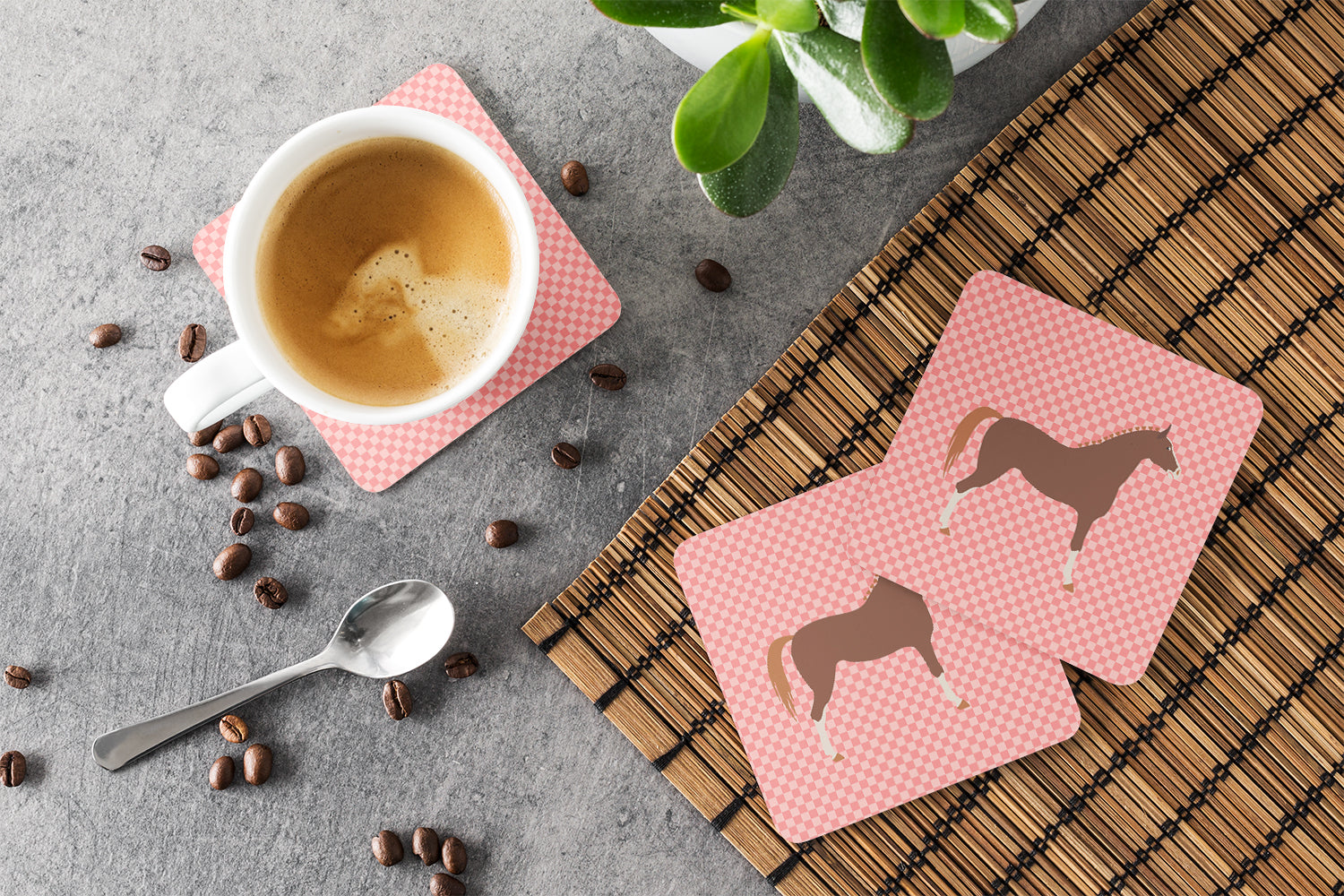 Hannoverian Horse Pink Check Foam Coasters Set of 4 Cup Coasters for Indoor Outdoor, Tabletop Protection, Anti Slip, Mouse pad Material