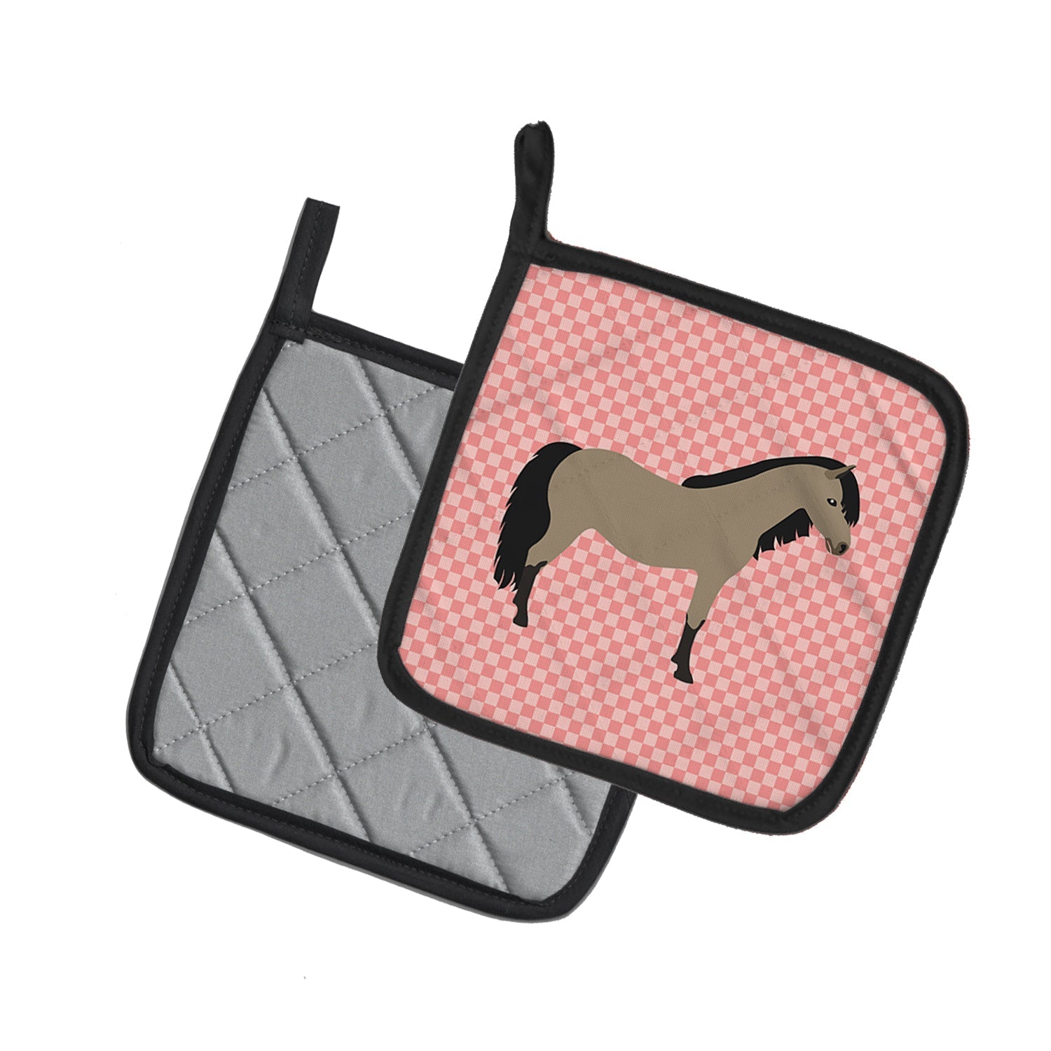 Welsh Pony Horse Pink Check Pot Holder Set of 2 Heat Resistant Quilted Hot Pads 7.5 x 7.5 Inch, Insulated Kitchen Trivets for Cooking & Baking
