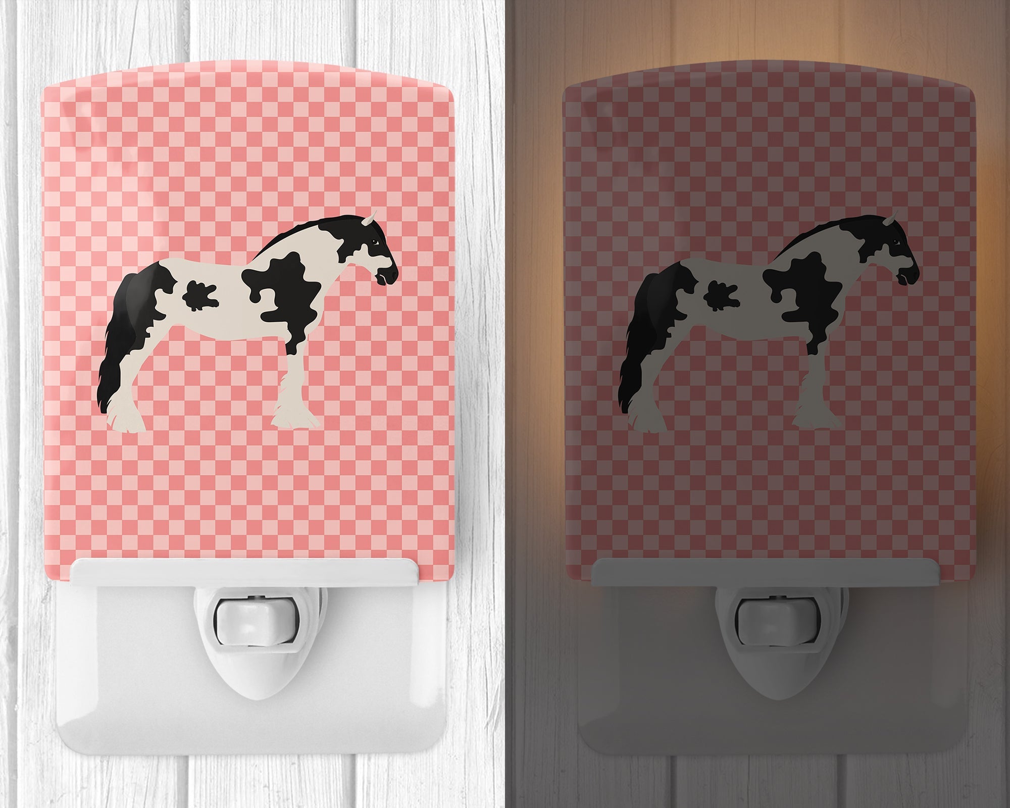 Cyldesdale Horse Pink Check Ceramic Night Light Compact, UL-Certified, Ideal for Bedroom, Bathroom, Nursery, Hallway, Kitchen, 6x4x3, Multicolor