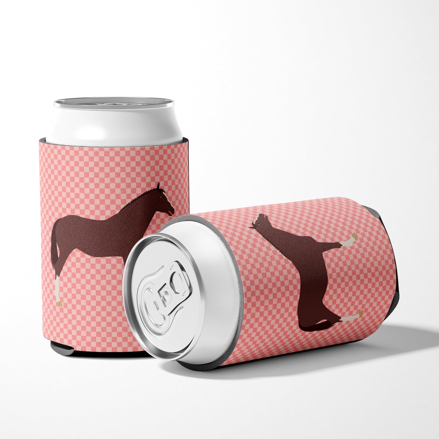 English Thoroughbred Horse Pink Check Can or Bottle Hugger Cooler Sleeve for Standard 12 oz Cans, Insulated Foam Beer & Soda Can Hugger Reusable