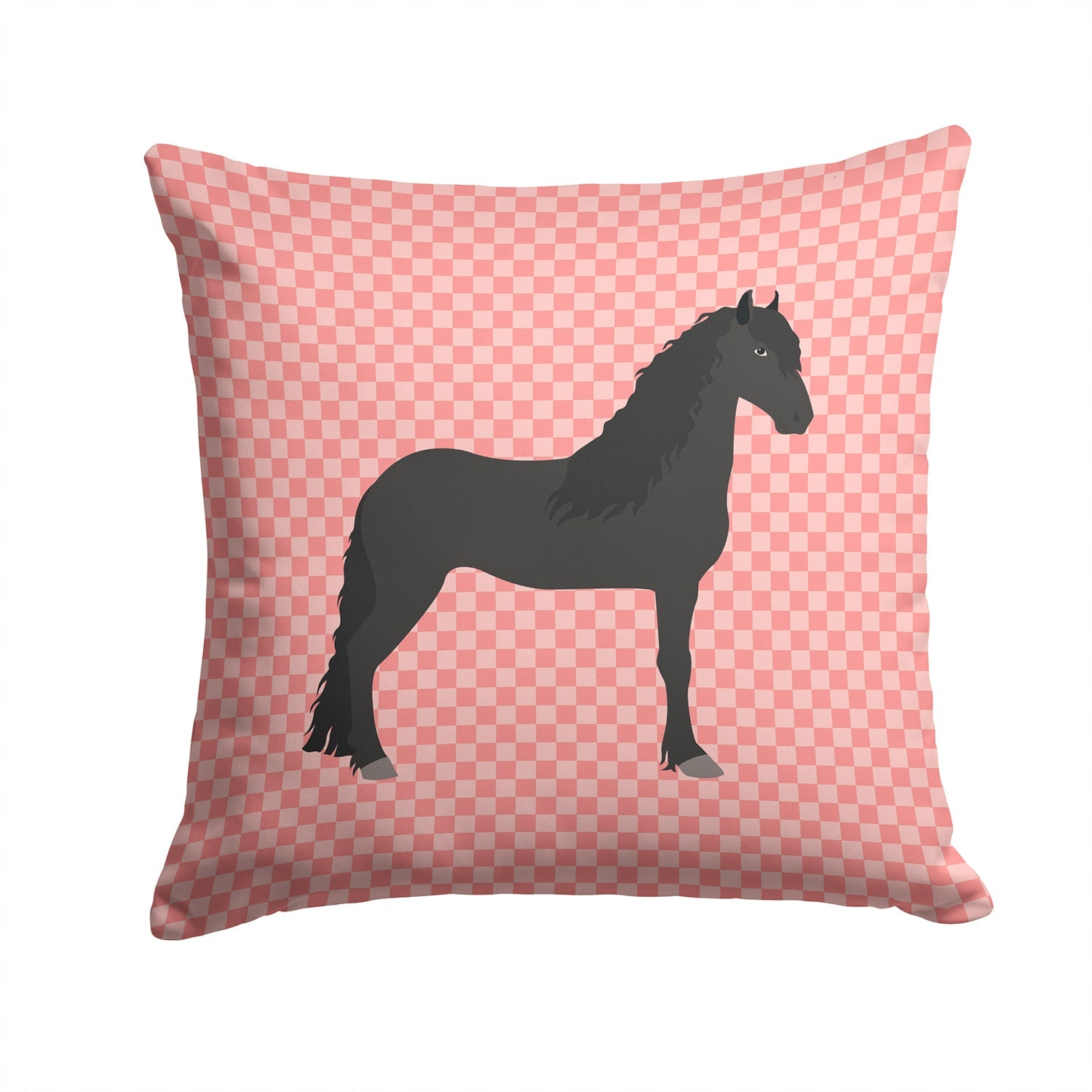 Friesian Horse Pink Check Decorative Throw Pillow 14x14 Indoor Outdoor Accent Cushion, Fabric Cover with Insert for Sofa, Bed, Porch & Living Room