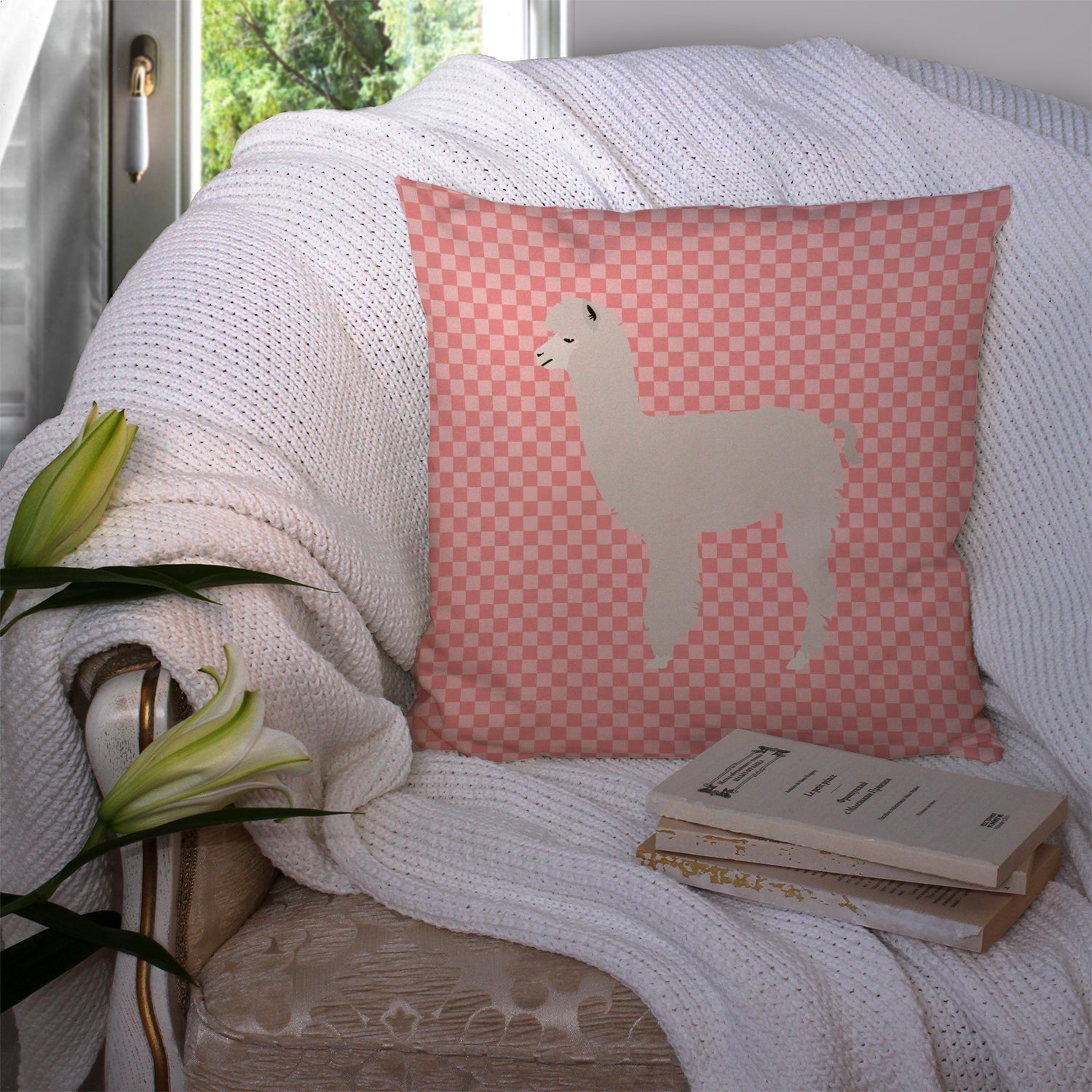 Alpaca Pink Check Decorative Throw Pillow 14x14 Indoor Outdoor Accent Cushion, Fabric Cover with Insert for Sofa, Bed, Porch & Living Room