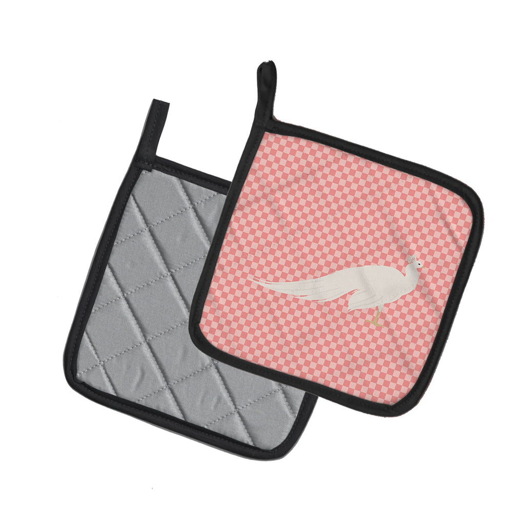 White Peacock Peafowl Pink Check Pot Holder Set of 2 Heat Resistant Quilted Hot Pads 7.5 x 7.5 Inch, Insulated Kitchen Trivets for Cooking & Baking