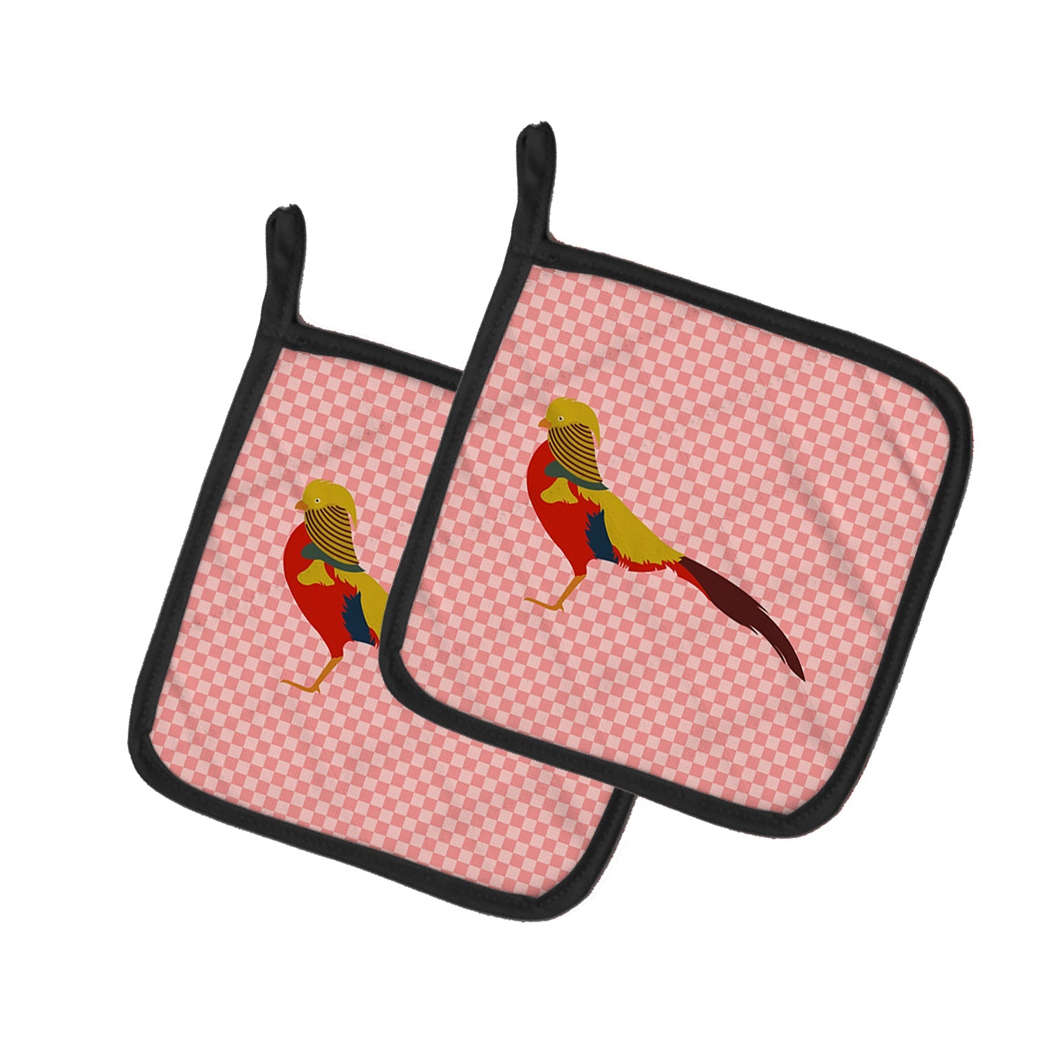 Golden or Chinese Pheasant Pink Check Pot Holder Set of 2 Heat Resistant Quilted Hot Pads 7.5 x 7.5 Inch, Insulated Kitchen Trivets for Cooking & Baking