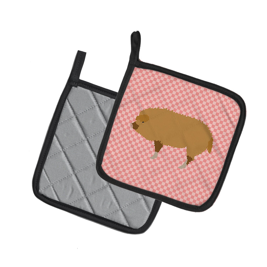 Hungarian Mangalica Pig Pink Check Pot Holder Set of 2 Heat Resistant Quilted Hot Pads 7.5 x 7.5 Inch, Insulated Kitchen Trivets for Cooking & Baking