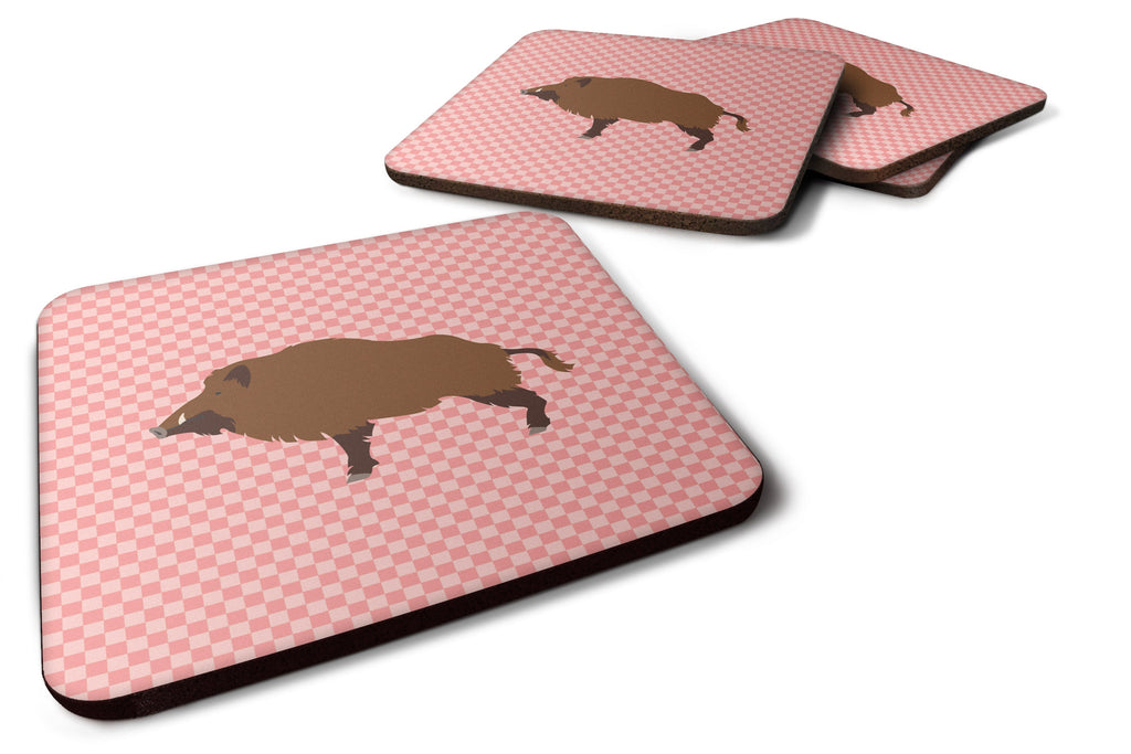 Wild Boar Pig Pink Check Foam Coasters Set of 4 Cup Coasters for Indoor Outdoor, Tabletop Protection, Anti Slip, Mouse pad Material
