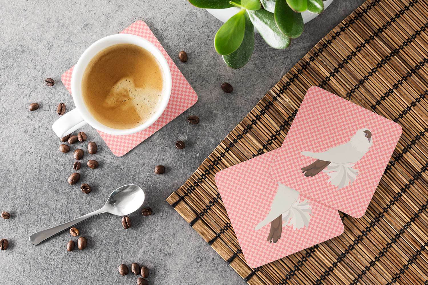 German Helmet Pigeon Pink Check Foam Coasters Set of 4 Cup Coasters for Indoor Outdoor, Tabletop Protection, Anti Slip, Mouse pad Material