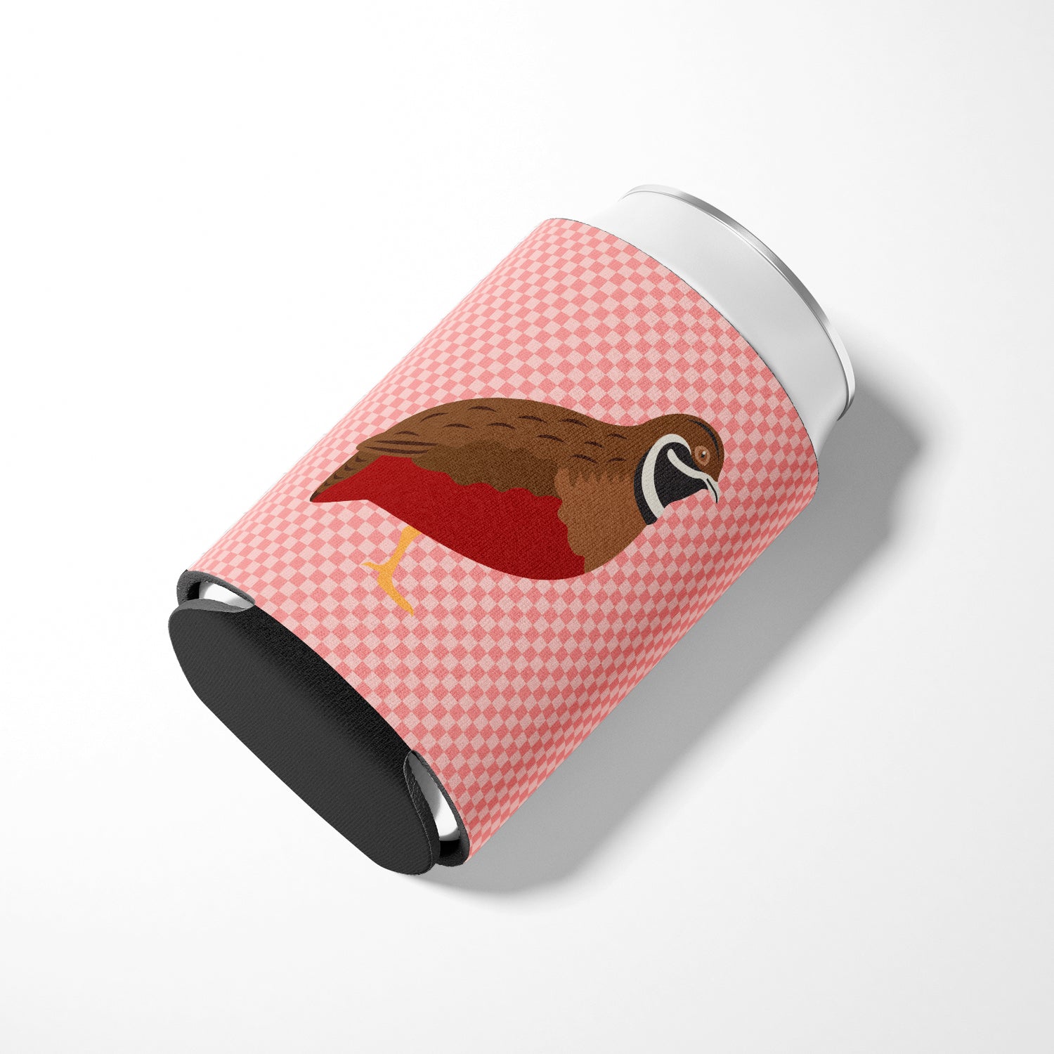 Chinese Painted or King Quail Pink Check Can or Bottle Hugger Cooler Sleeve for Standard 12 oz Cans, Insulated Foam Beer & Soda Can Hugger Reusable