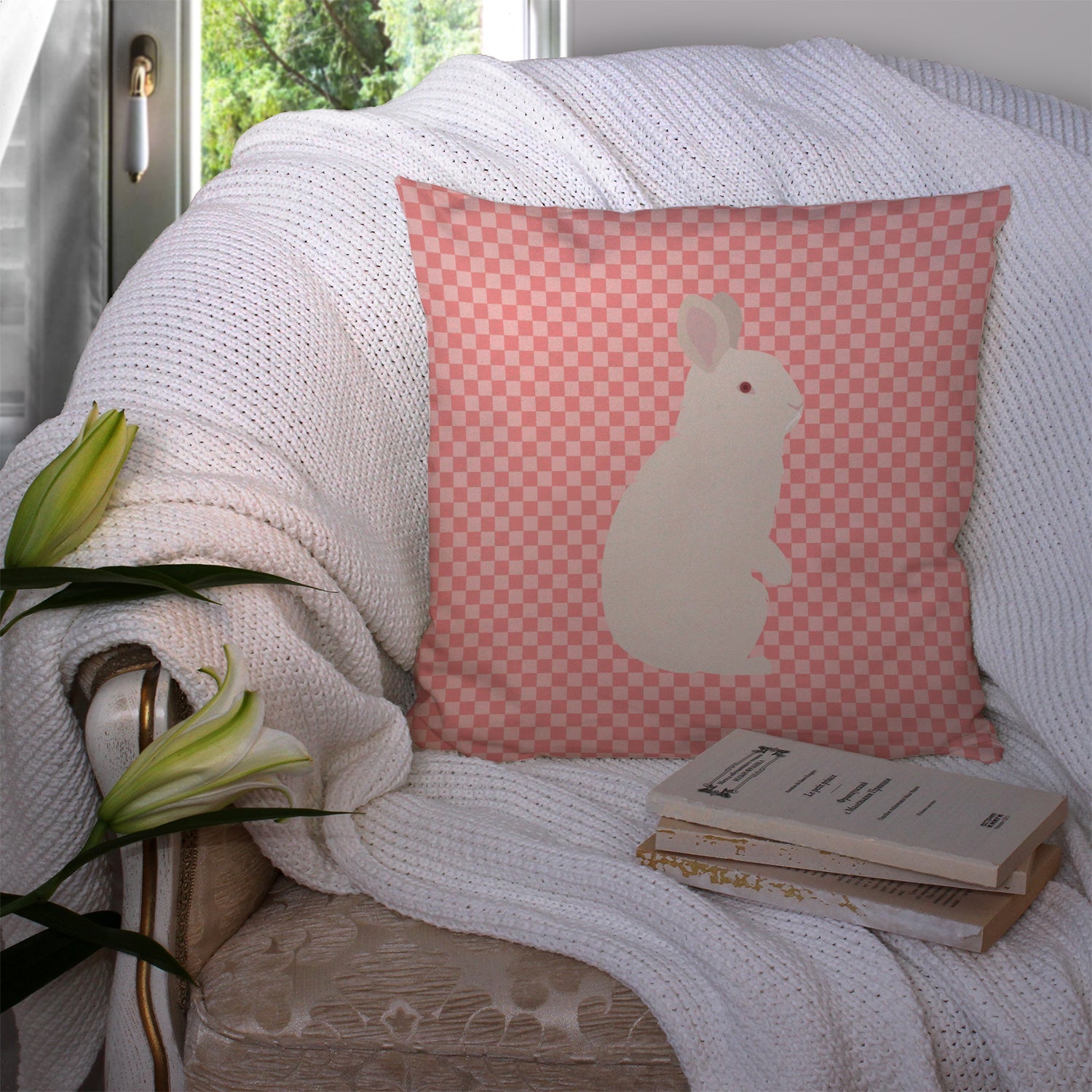 New Zealand White Rabbit Pink Check Decorative Throw Pillow 14x14 Indoor Outdoor Accent Cushion, Fabric Cover with Insert for Sofa, Bed, Porch & Living Room
