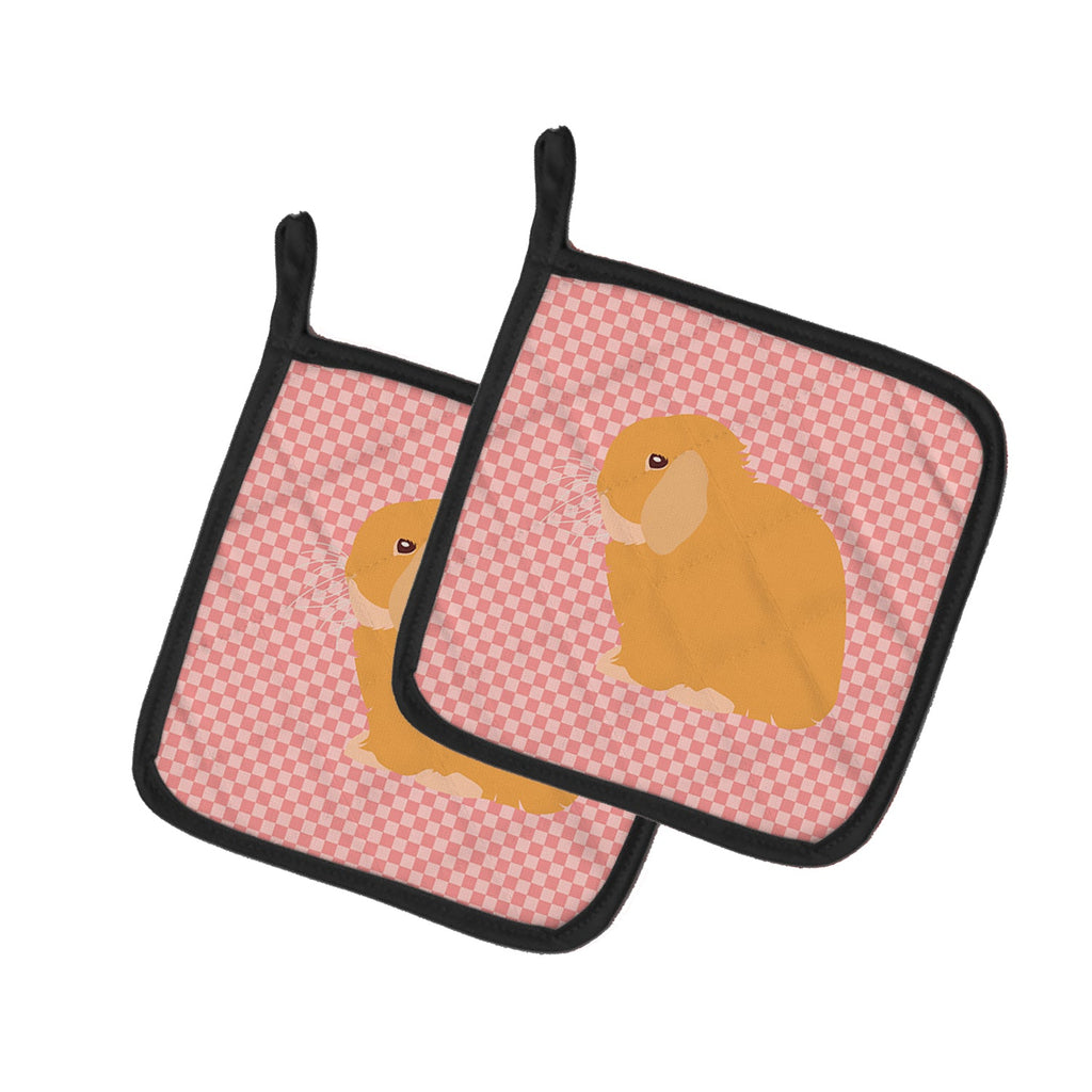 Holland Lop Rabbit Pink Check Pot Holder Set of 2 Heat Resistant Quilted Hot Pads 7.5 x 7.5 Inch, Insulated Kitchen Trivets for Cooking & Baking