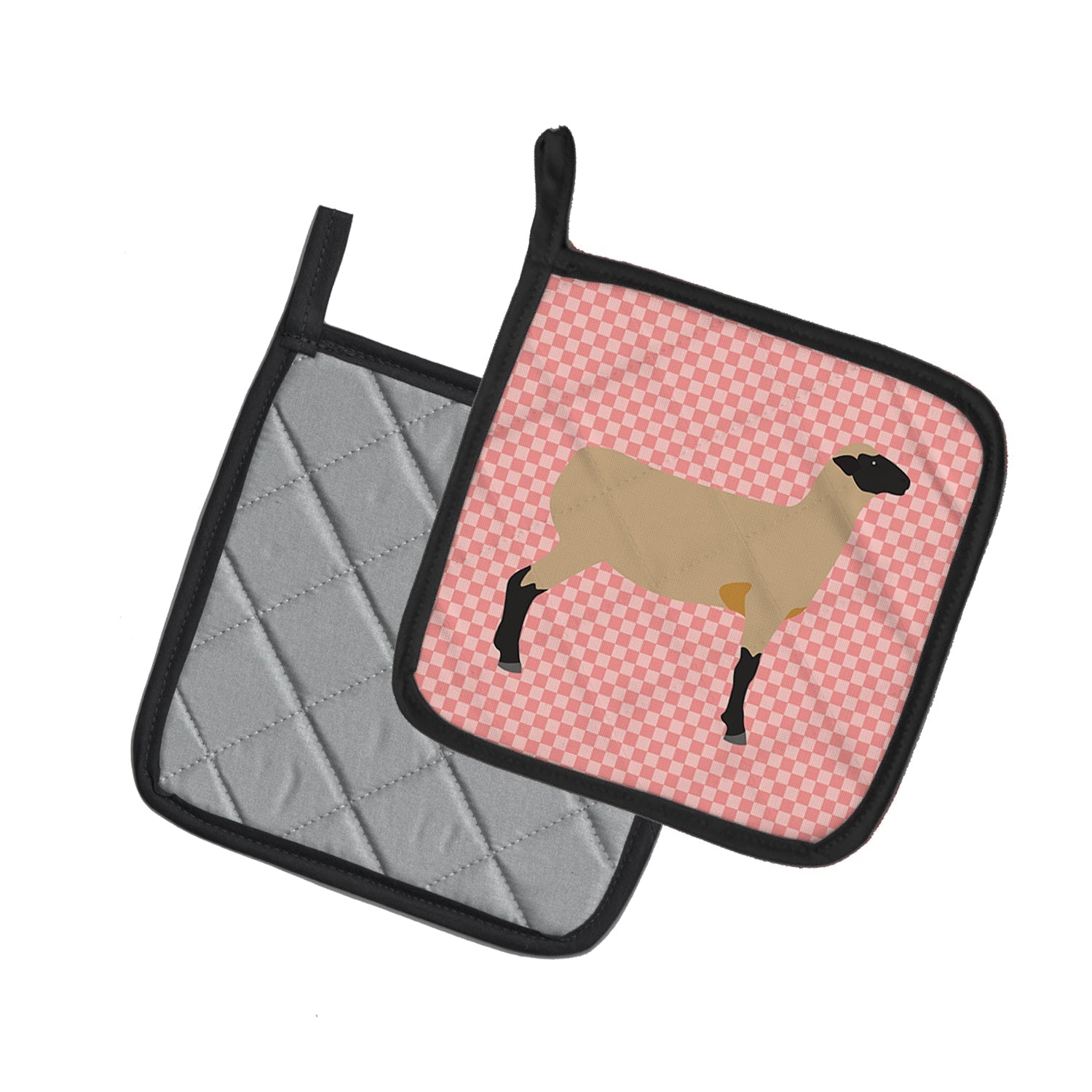 Hampshire Down Sheep Pink Check Pot Holder Set of 2 Heat Resistant Quilted Hot Pads 7.5 x 7.5 Inch, Insulated Kitchen Trivets for Cooking & Baking