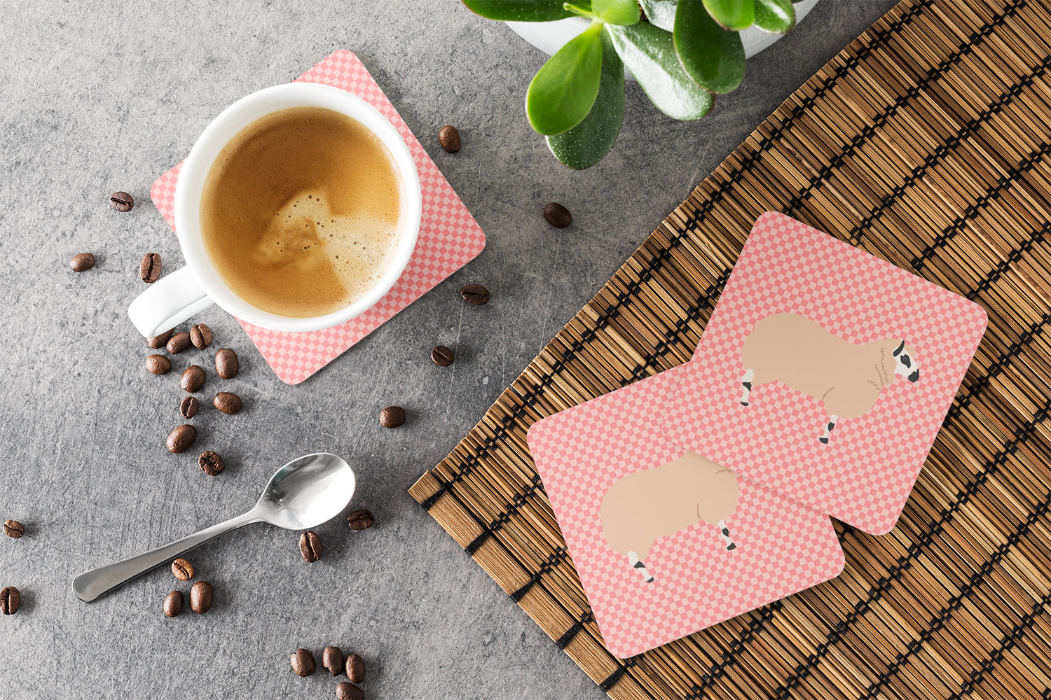 Kerry Hill Sheep Pink Check Foam Coasters Set of 4 Cup Coasters for Indoor Outdoor, Tabletop Protection, Anti Slip, Mouse pad Material