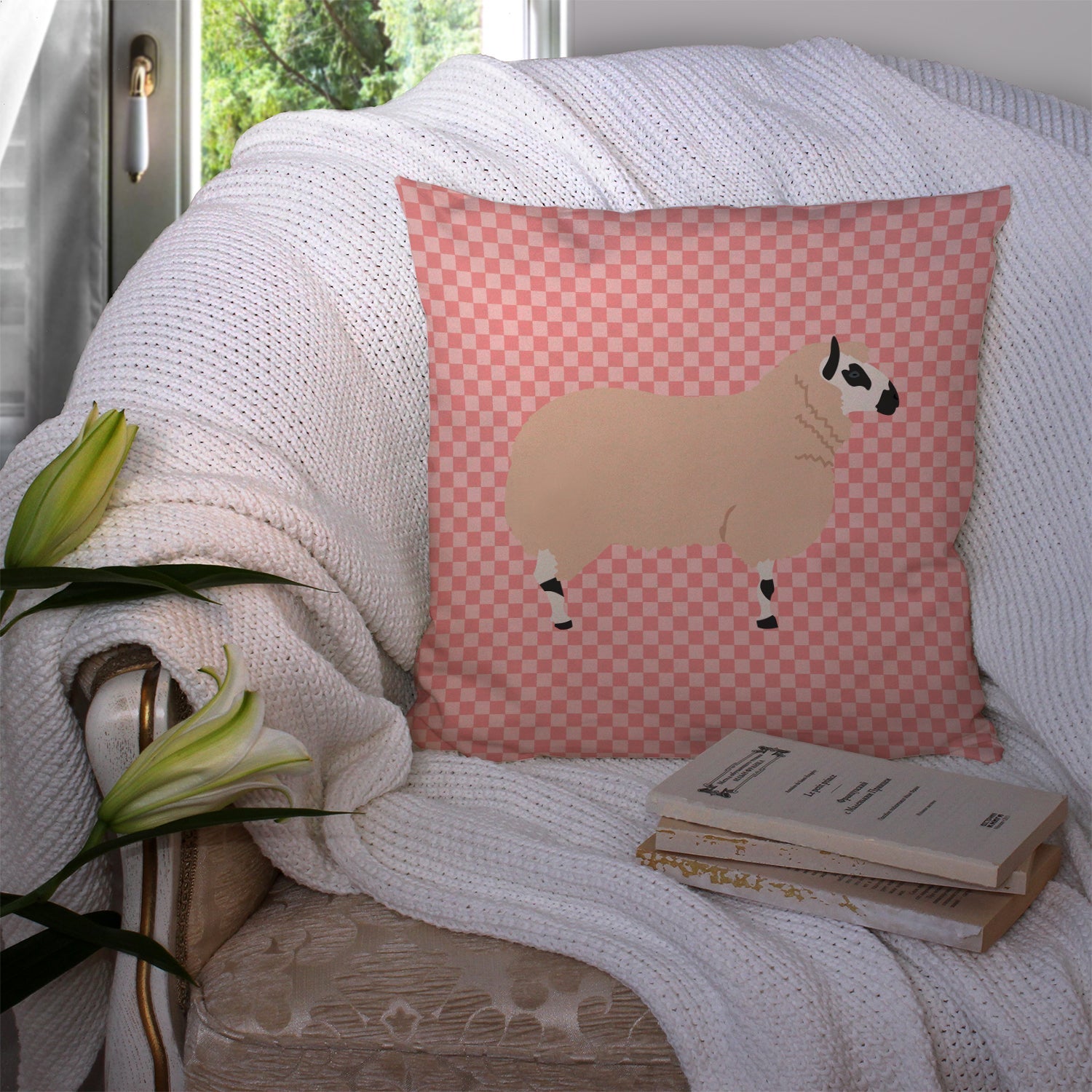 Kerry Hill Sheep Pink Check Decorative Throw Pillow 14x14 Indoor Outdoor Accent Cushion, Fabric Cover with Insert for Sofa, Bed, Porch & Living Room
