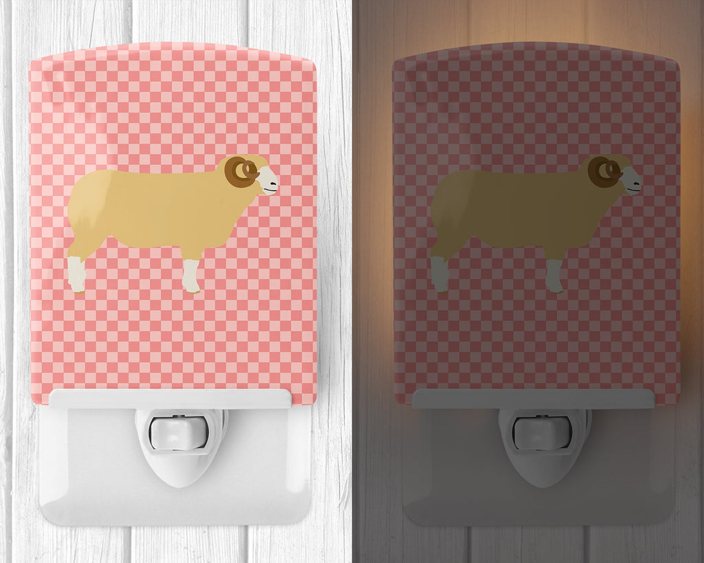 Horned Dorset Sheep Pink Check Ceramic Night Light Compact, UL-Certified, Ideal for Bedroom, Bathroom, Nursery, Hallway, Kitchen, 6x4x3, Multicolor