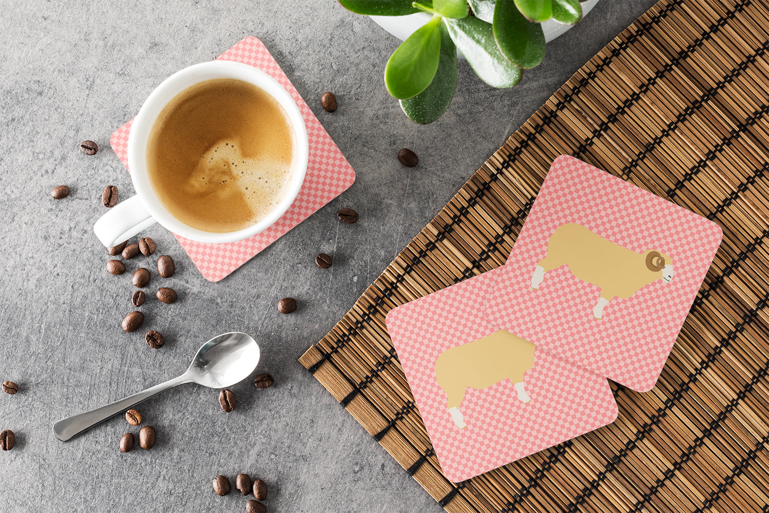 Horned Dorset Sheep Pink Check Foam Coasters Set of 4 Cup Coasters for Indoor Outdoor, Tabletop Protection, Anti Slip, Mouse pad Material