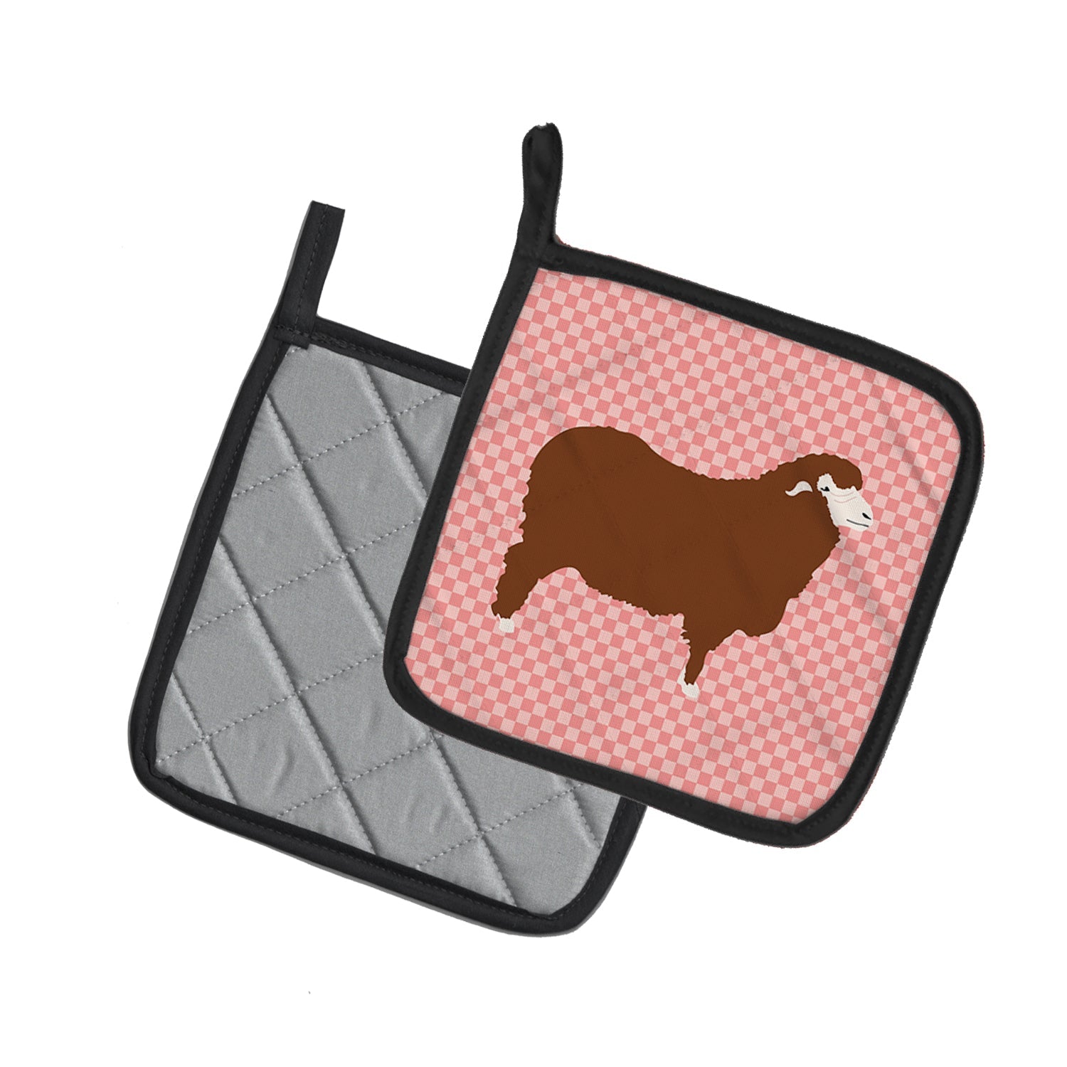 Merino Sheep Pink Check Pot Holder Set of 2 Heat Resistant Quilted Hot Pads 7.5 x 7.5 Inch, Insulated Kitchen Trivets for Cooking & Baking