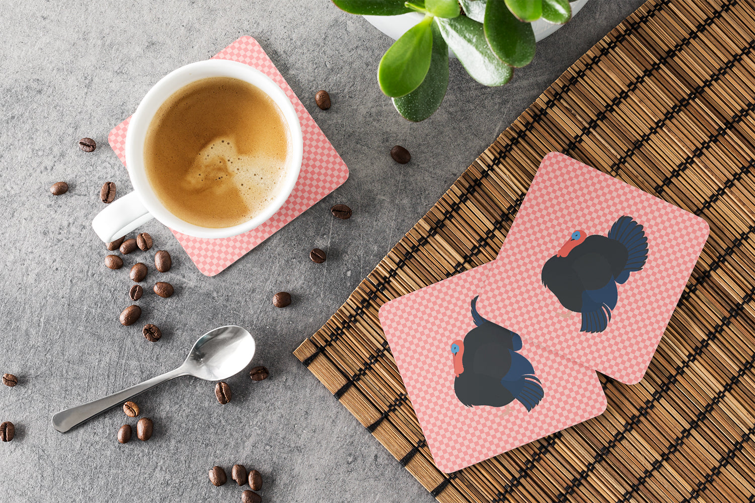 Norfolk Black Turkey Pink Check Foam Coasters Set of 4 Cup Coasters for Indoor Outdoor, Tabletop Protection, Anti Slip, Mouse pad Material