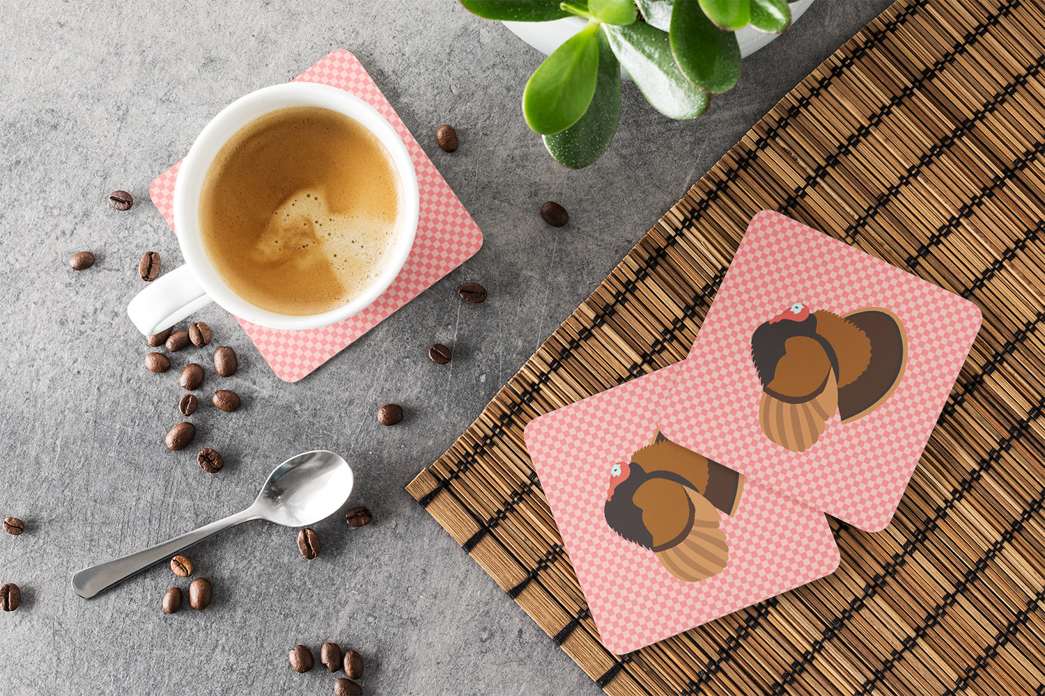 Bronze Turkey Pink Check Foam Coasters Set of 4 Cup Coasters for Indoor Outdoor, Tabletop Protection, Anti Slip, Mouse pad Material