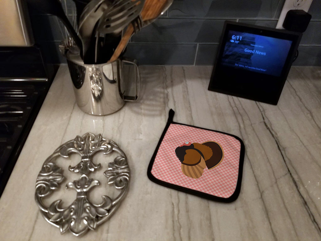 Bronze Turkey Pink Check Pot Holder Set of 2 Heat Resistant Quilted Hot Pads 7.5 x 7.5 Inch, Insulated Kitchen Trivets for Cooking & Baking