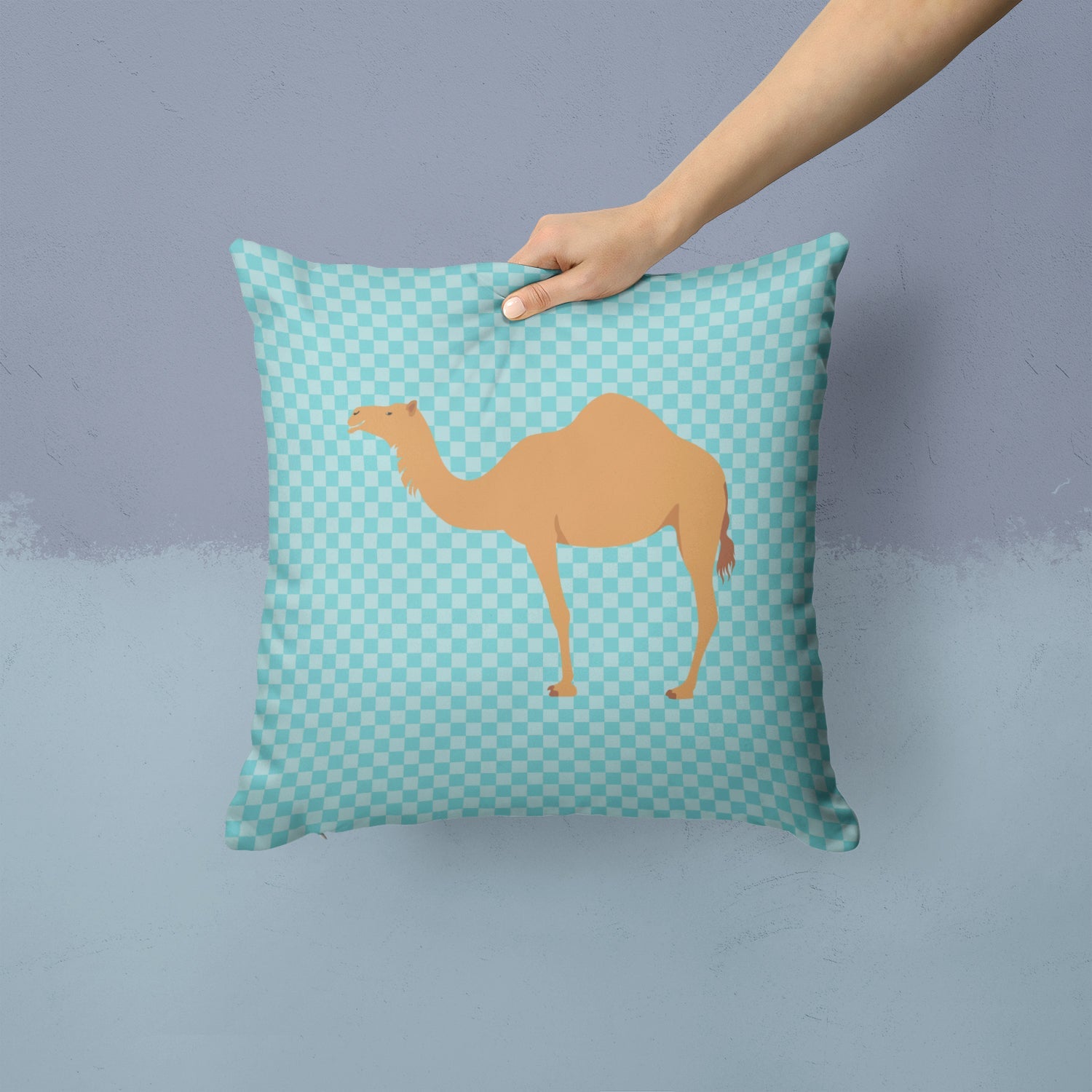 Arabian Camel Dromedary Blue Check Decorative Throw Pillow 14x14 Indoor Outdoor Accent Cushion, Fabric Cover with Insert for Sofa, Bed, Porch & Living Room