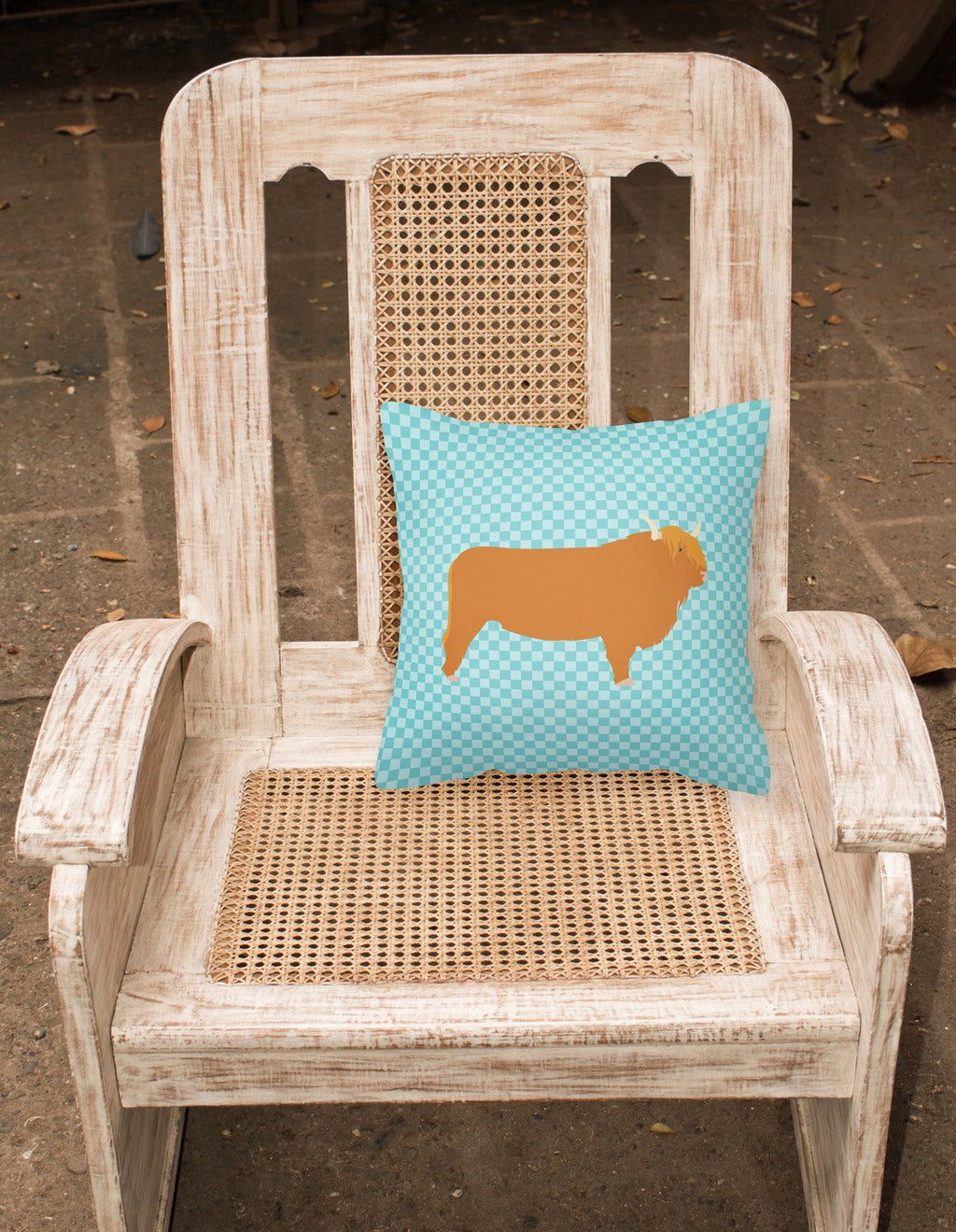 Highland Cow Blue Check Decorative Throw Pillow 18x18 Indoor Outdoor Accent Cushion, Fabric Cover with Insert for Sofa, Bed, Porch & Living Room