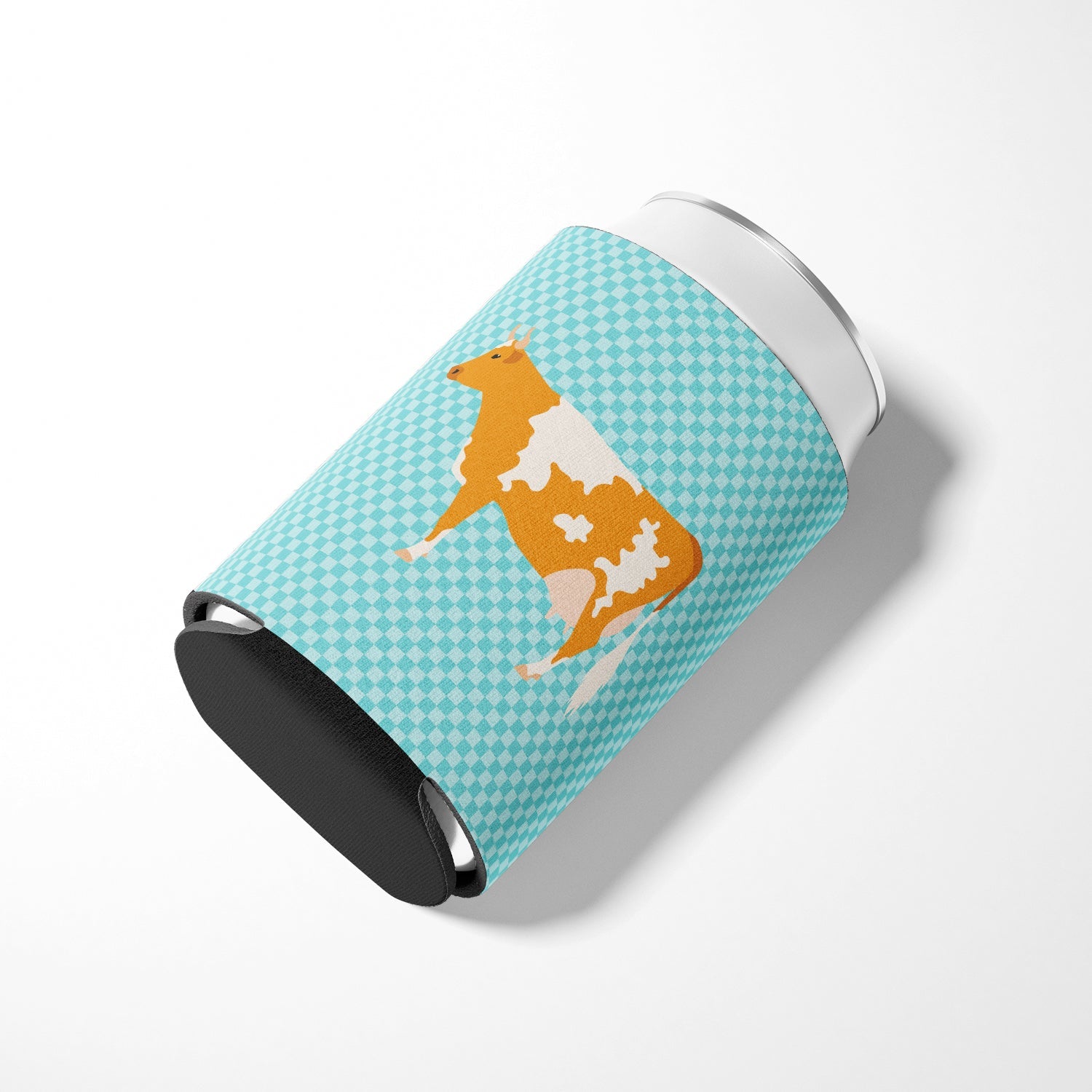 Guernsey Cow Blue Check Can or Bottle Hugger Cooler Sleeve for Standard 12 oz Cans, Insulated Foam Beer & Soda Can Hugger Reusable