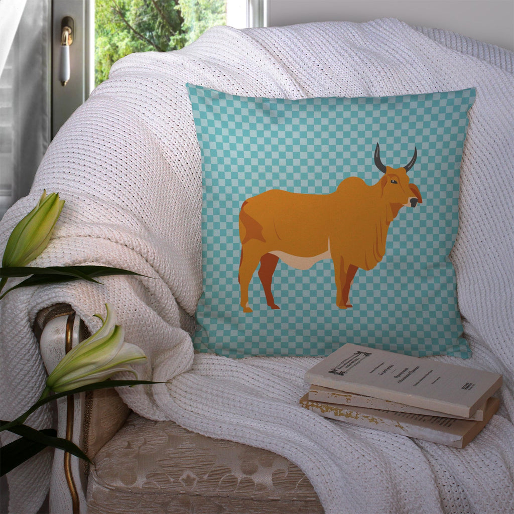 Zebu Indicine Cow Blue Check Decorative Throw Pillow 14x14 Indoor Outdoor Accent Cushion, Fabric Cover with Insert for Sofa, Bed, Porch & Living Room