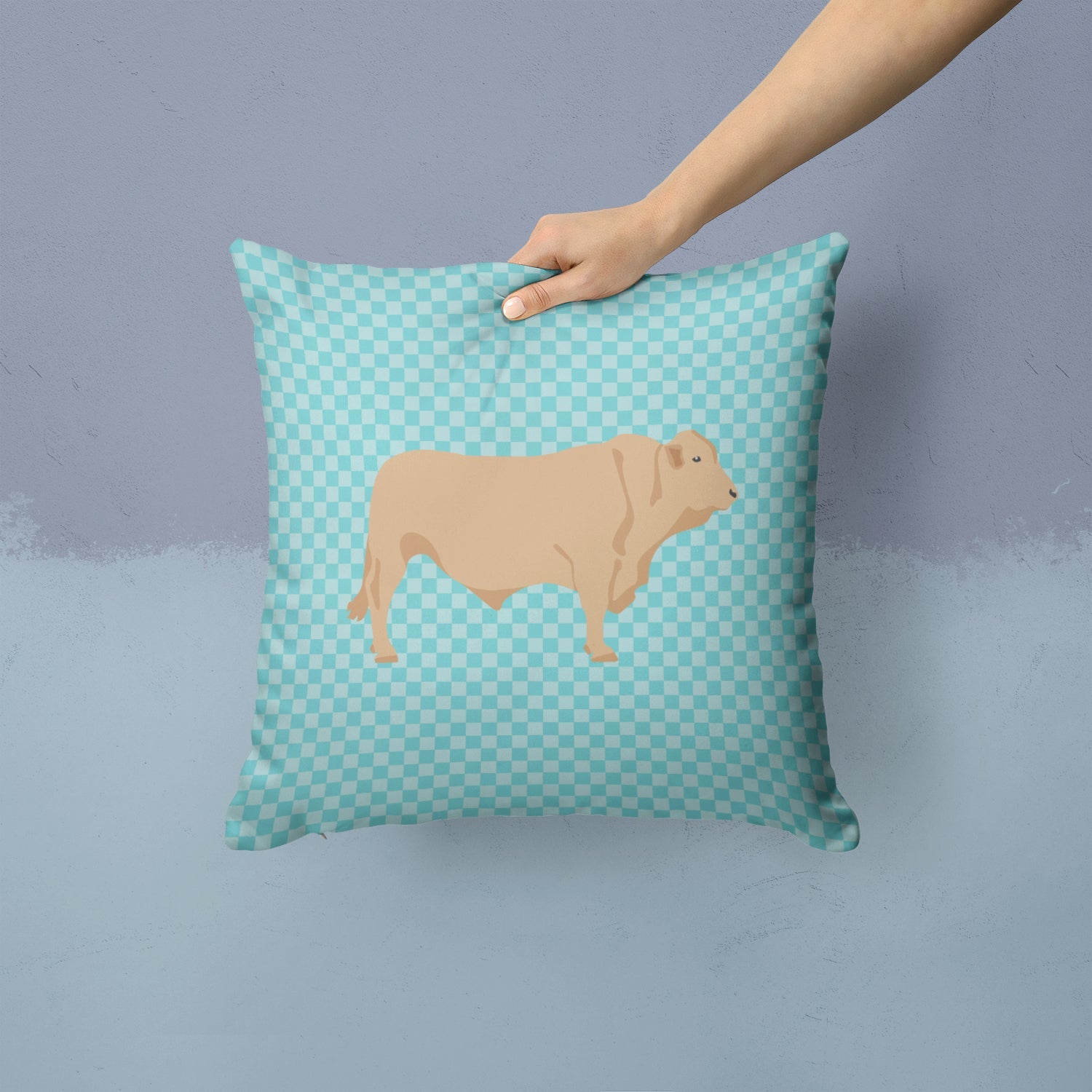 Charolais Cow Blue Check Decorative Throw Pillow 14x14 Indoor Outdoor Accent Cushion, Fabric Cover with Insert for Sofa, Bed, Porch & Living Room