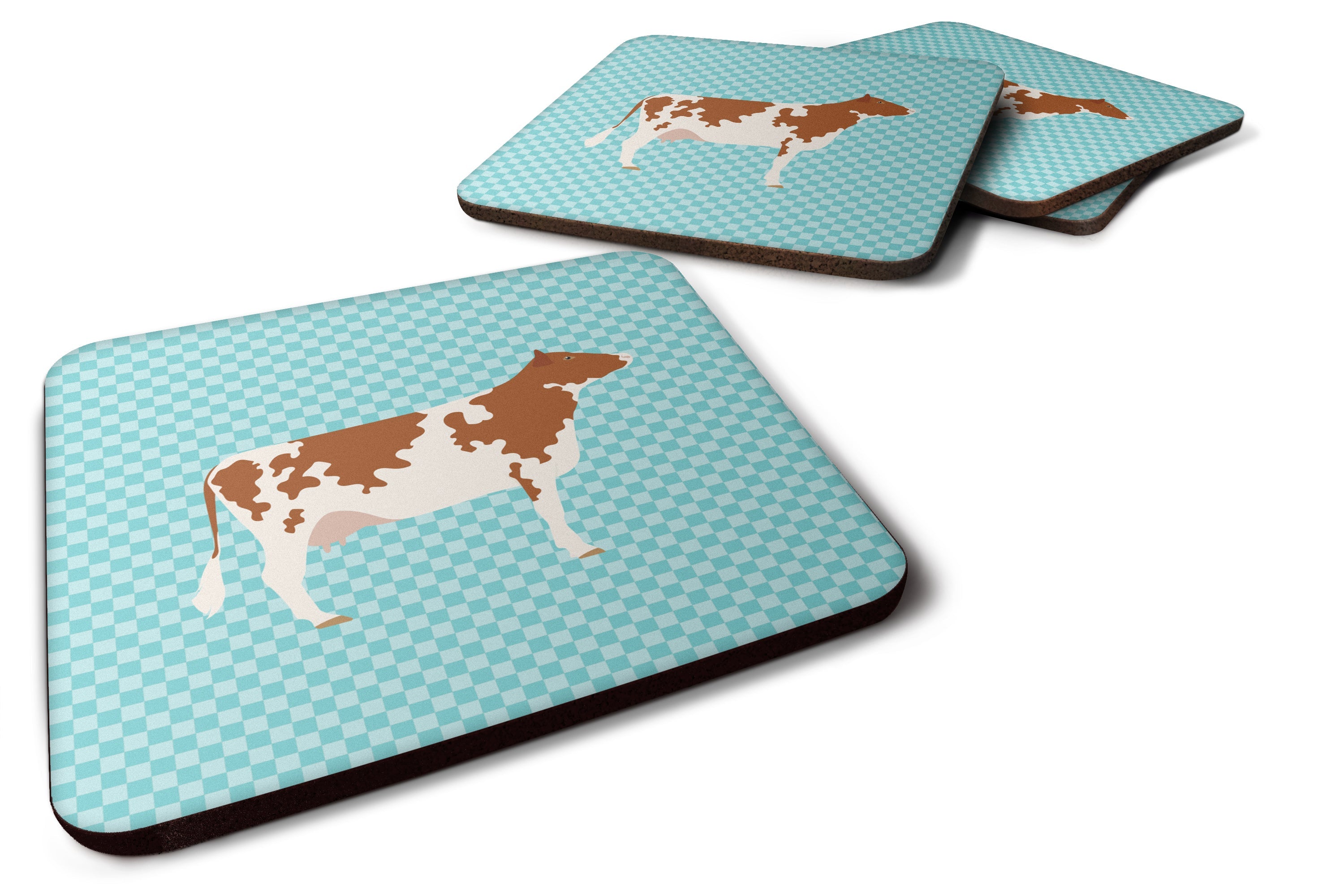 Ayrshire Cow Blue Check Foam Coasters Set of 4 Cup Coasters for Indoor Outdoor, Tabletop Protection, Anti Slip, Mouse pad Material