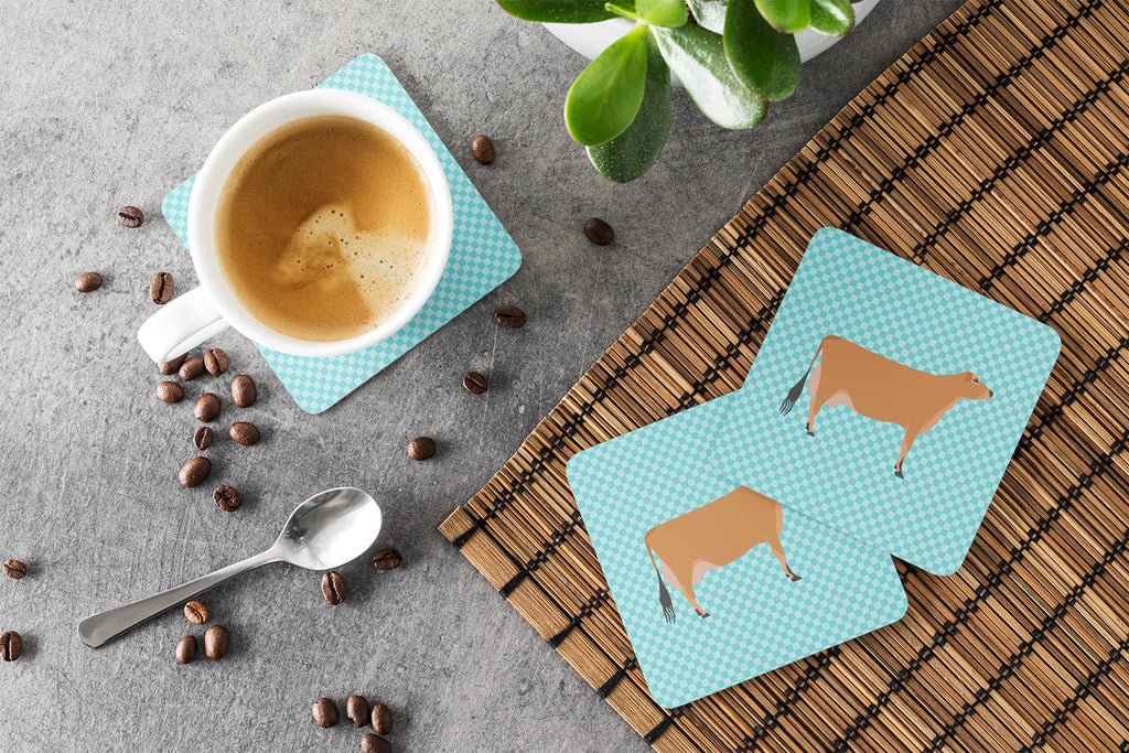Jersey Cow Blue Check Foam Coasters Set of 4 Cup Coasters for Indoor Outdoor, Tabletop Protection, Anti Slip, Mouse pad Material