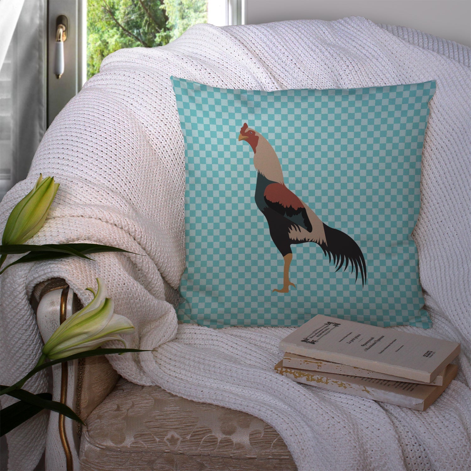 Kulang Chicken Blue Check Decorative Throw Pillow 14x14 Indoor Outdoor Accent Cushion, Fabric Cover with Insert for Sofa, Bed, Porch & Living Room