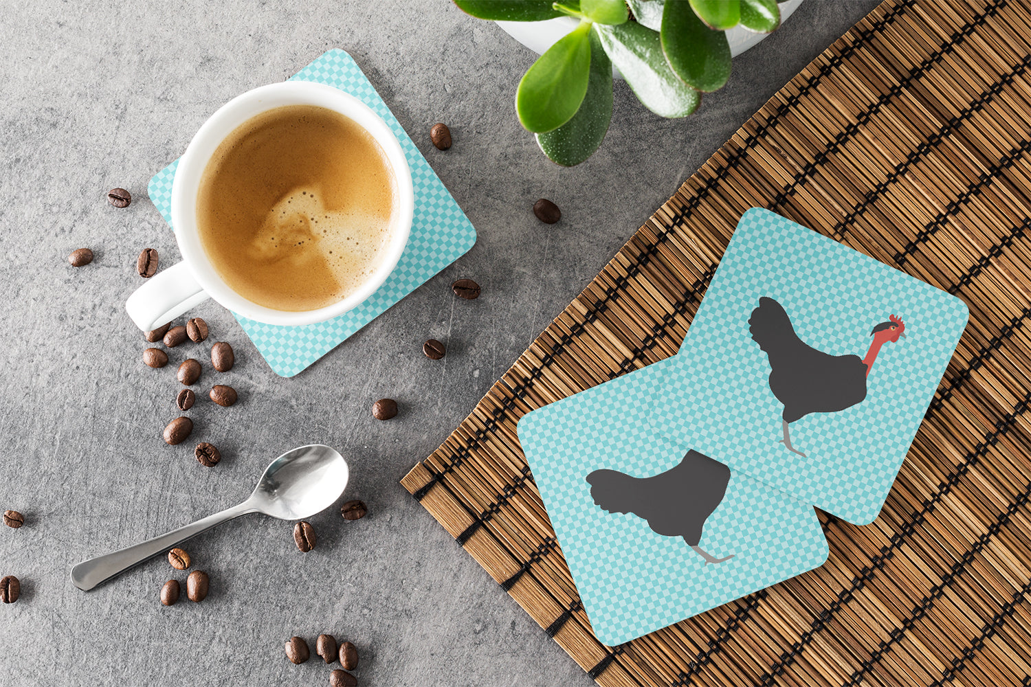Naked Neck Chicken Blue Check Foam Coasters Set of 4 Cup Coasters for Indoor Outdoor, Tabletop Protection, Anti Slip, Mouse pad Material