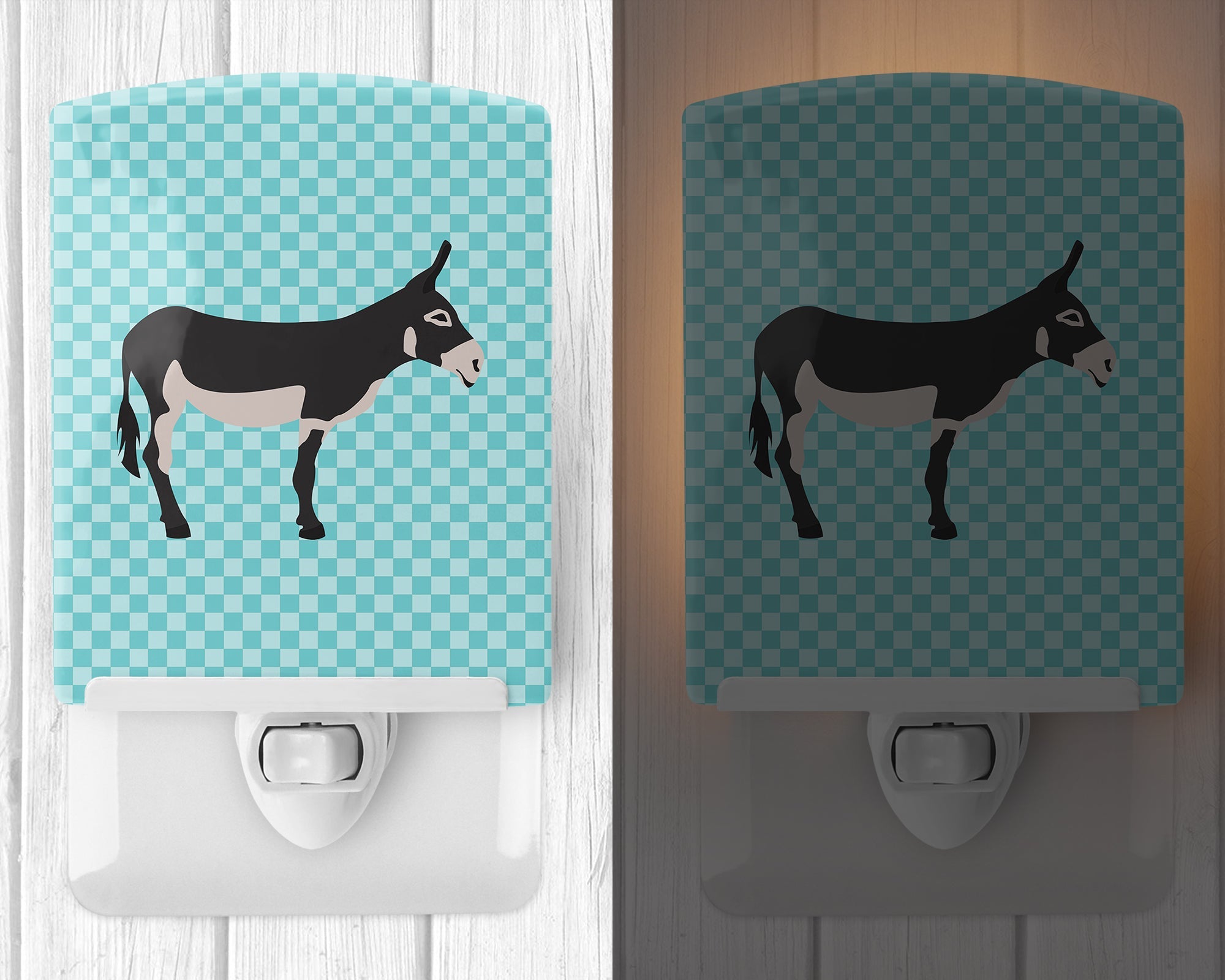 American Mammoth Jack Donkey Blue Check Ceramic Night Light Compact, UL-Certified, Ideal for Bedroom, Bathroom, Nursery, Hallway, Kitchen, 6x4x3, Multicolor