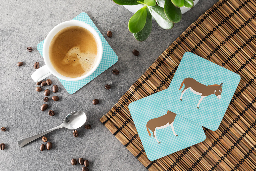 Miniature Mediterranian Donkey Blue Check Foam Coasters Set of 4 Cup Coasters for Indoor Outdoor, Tabletop Protection, Anti Slip, Mouse pad Material