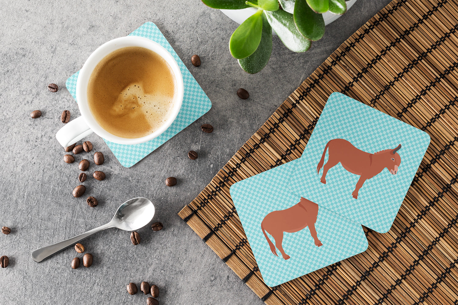 Irish Donkey Blue Check Foam Coasters Set of 4 Cup Coasters for Indoor Outdoor, Tabletop Protection, Anti Slip, Mouse pad Material
