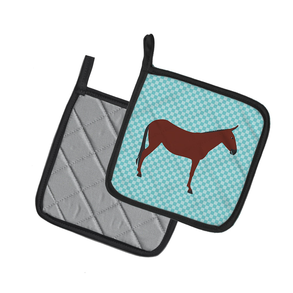 Hinny Horse Donkey Blue Check Pot Holder Set of 2 Heat Resistant Quilted Hot Pads 7.5 x 7.5 Inch, Insulated Kitchen Trivets for Cooking & Baking