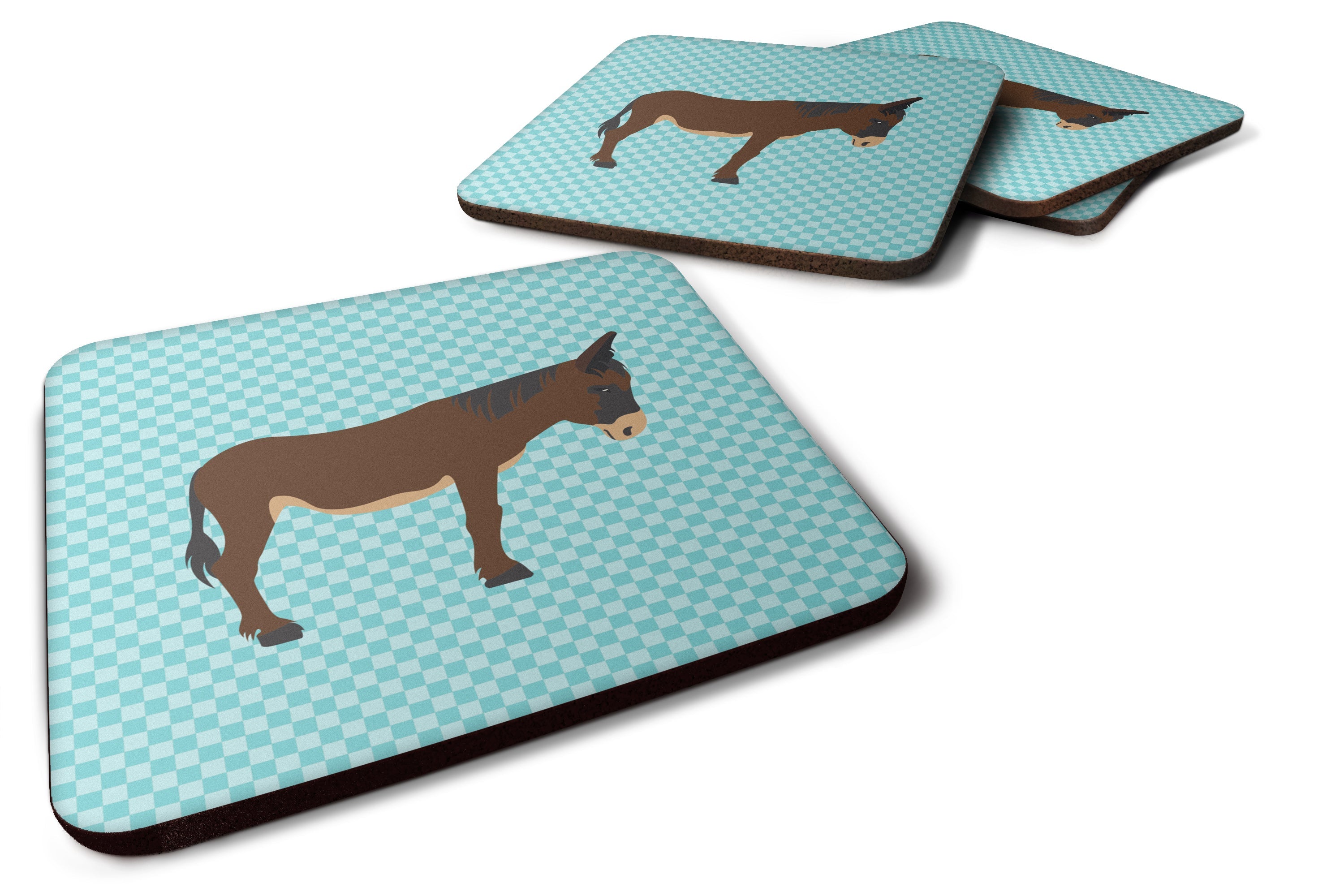 Zamorano-Leones Donkey Blue Check Foam Coasters Set of 4 Cup Coasters for Indoor Outdoor, Tabletop Protection, Anti Slip, Mouse pad Material
