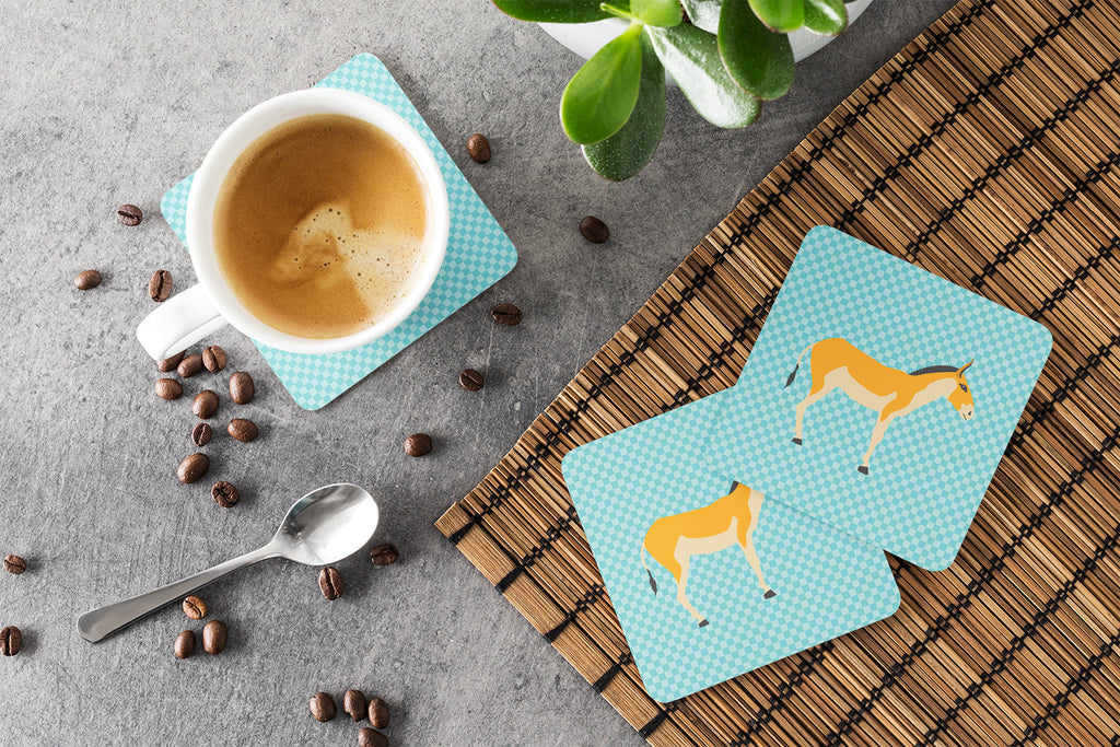 Turkmenian Kulan Donkey Blue Check Foam Coasters Set of 4 Cup Coasters for Indoor Outdoor, Tabletop Protection, Anti Slip, Mouse pad Material