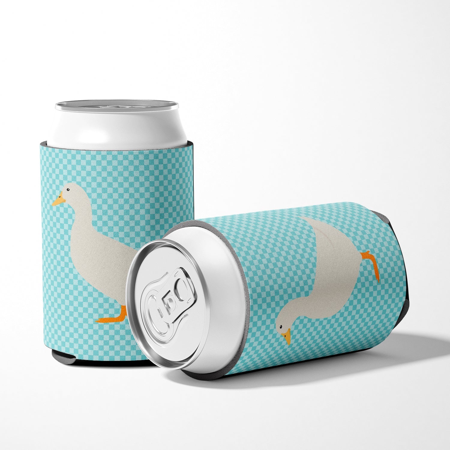 American Pekin Duck Blue Check Can or Bottle Hugger Cooler Sleeve for Standard 12 oz Cans, Insulated Foam Beer & Soda Can Hugger Reusable