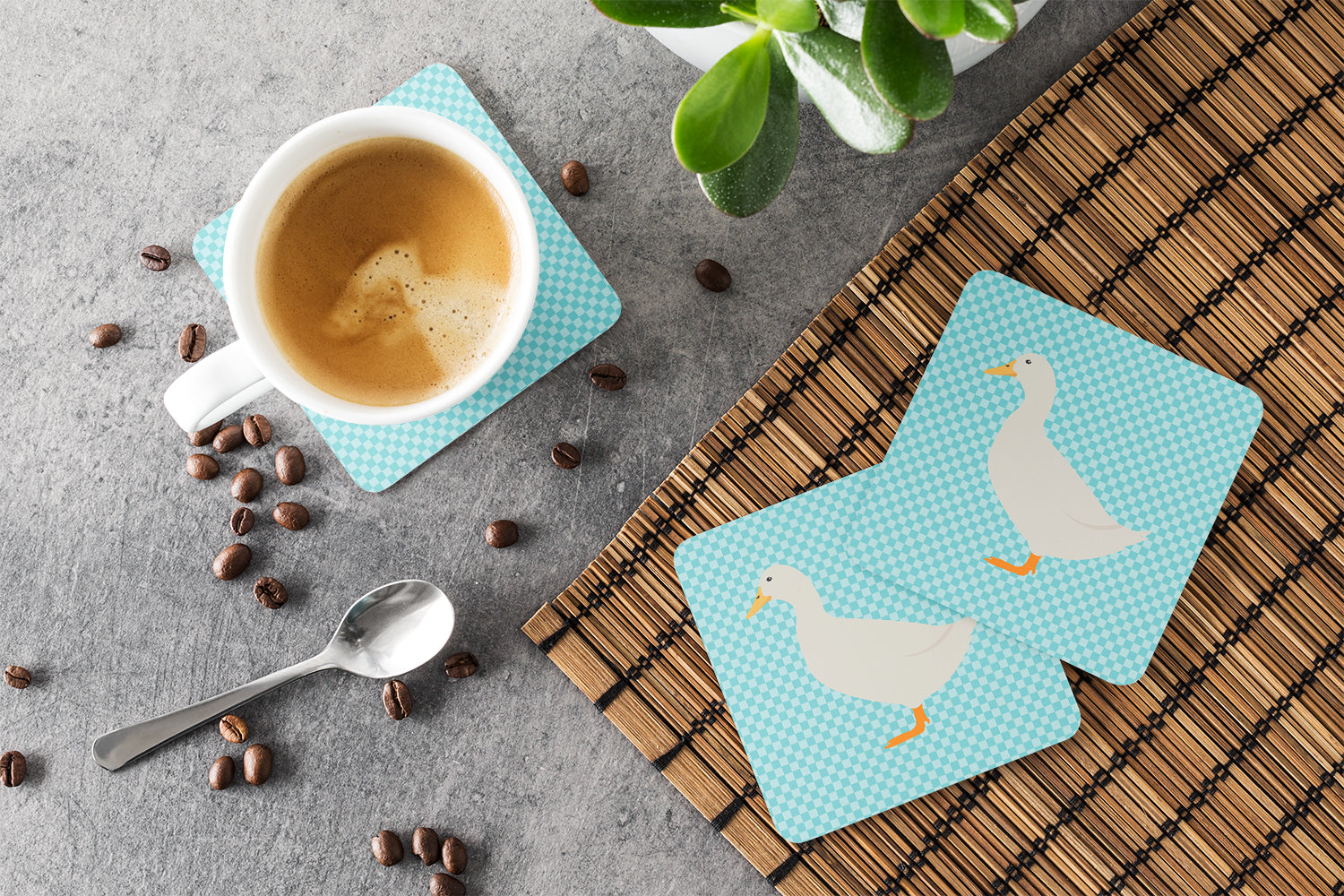American Pekin Duck Blue Check Foam Coasters Set of 4 Cup Coasters for Indoor Outdoor, Tabletop Protection, Anti Slip, Mouse pad Material