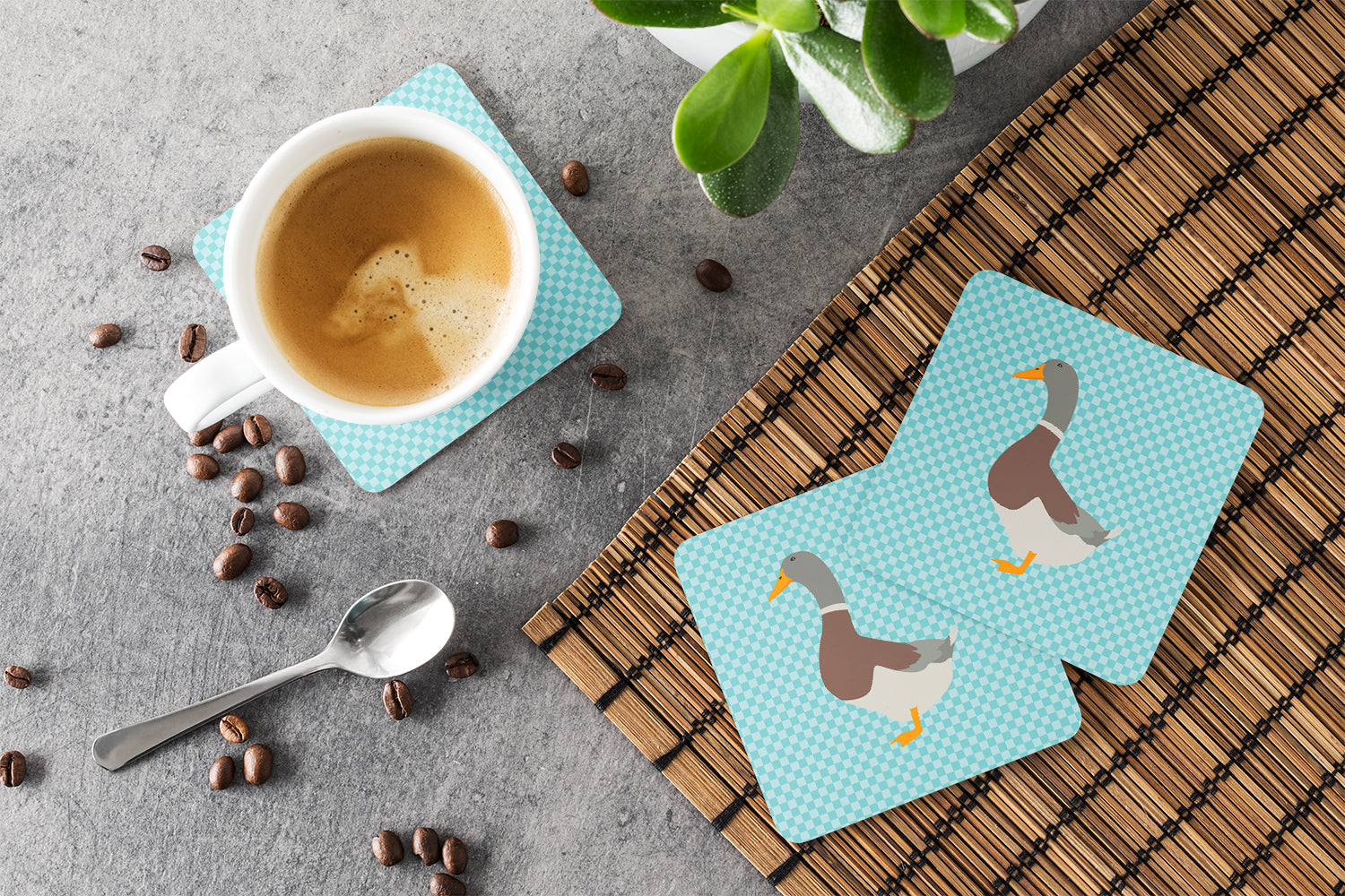 Saxony Sachsenente Duck Blue Check Foam Coasters Set of 4 Cup Coasters for Indoor Outdoor, Tabletop Protection, Anti Slip, Mouse pad Material