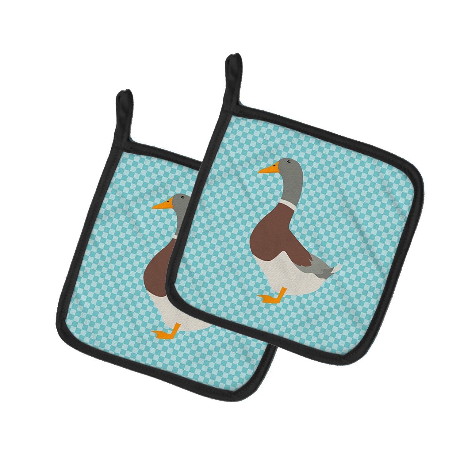Saxony Sachsenente Duck Blue Check Pot Holder Set of 2 Heat Resistant Quilted Hot Pads 7.5 x 7.5 Inch, Insulated Kitchen Trivets for Cooking & Baking