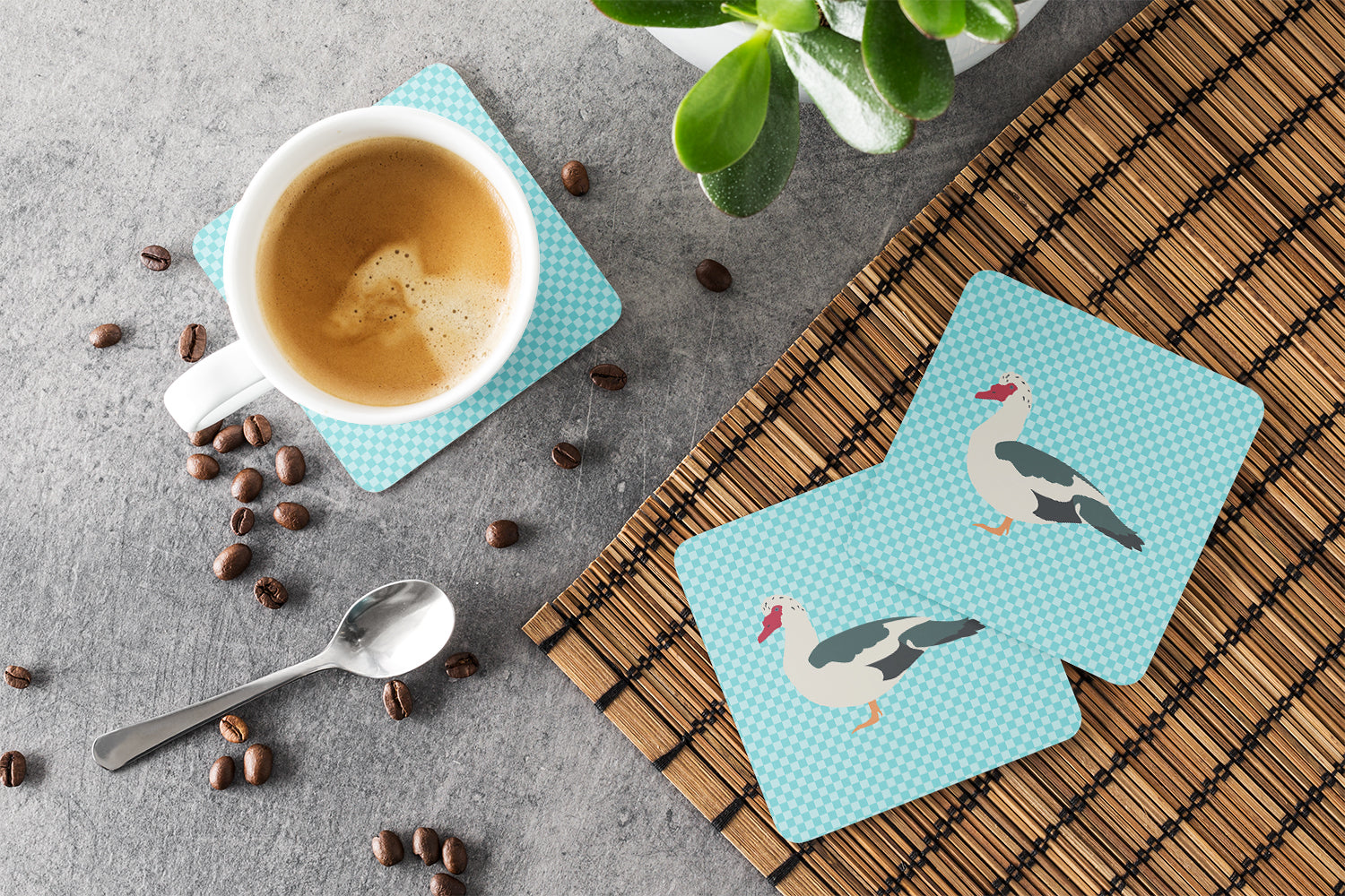 Muscovy Duck Blue Check Foam Coasters Set of 4 Cup Coasters for Indoor Outdoor, Tabletop Protection, Anti Slip, Mouse pad Material