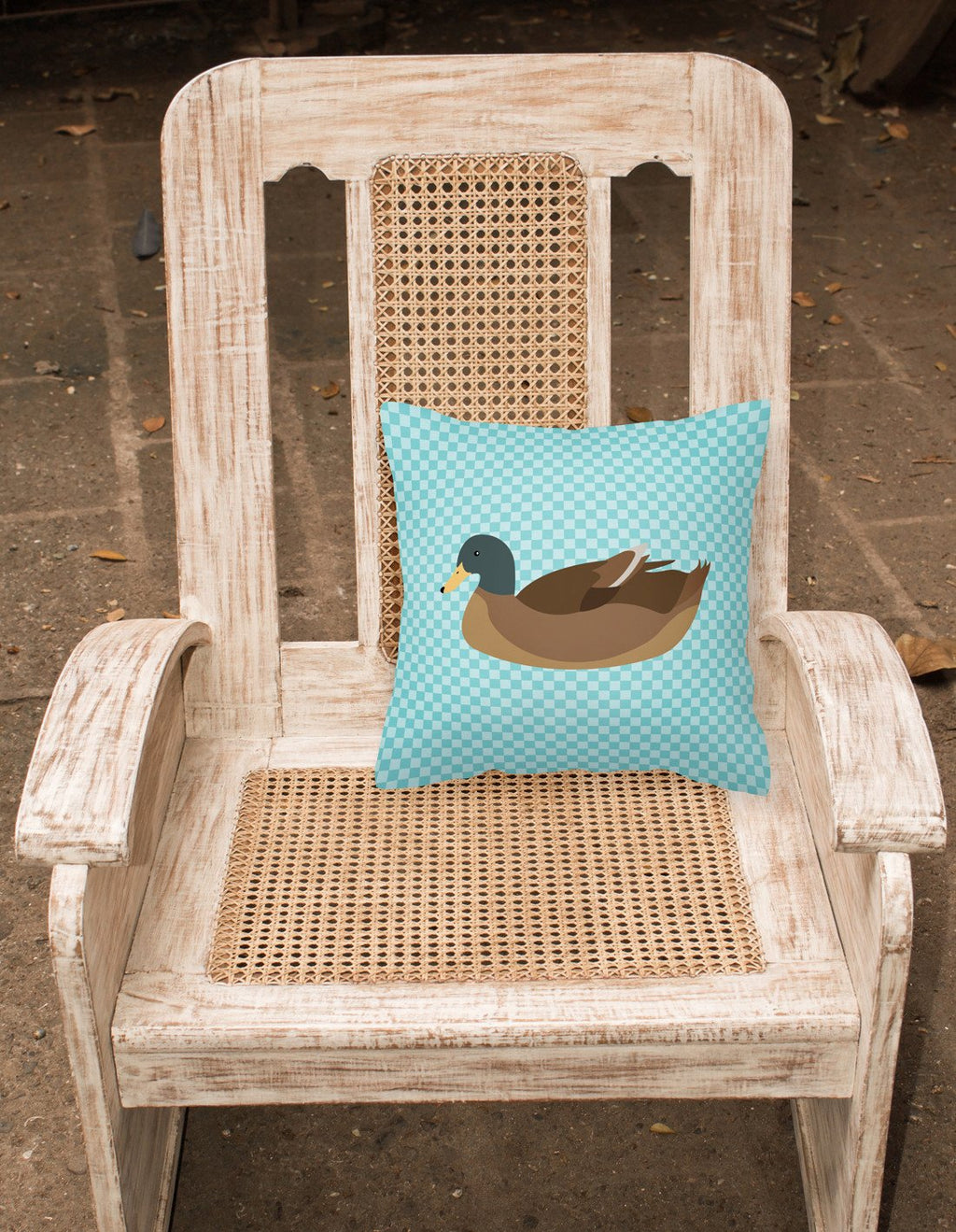 Khaki Campbell Duck Blue Check Decorative Throw Pillow 18x18 Indoor Outdoor Accent Cushion, Fabric Cover with Insert for Sofa, Bed, Porch & Living Room