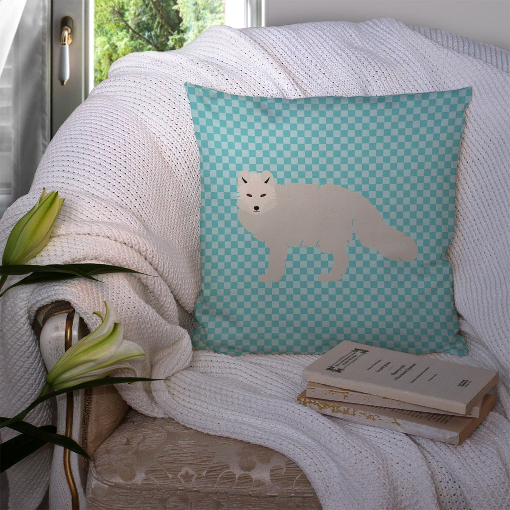 White Arctic Fox Blue Check Decorative Throw Pillow 14x14 Indoor Outdoor Accent Cushion, Fabric Cover with Insert for Sofa, Bed, Porch & Living Room