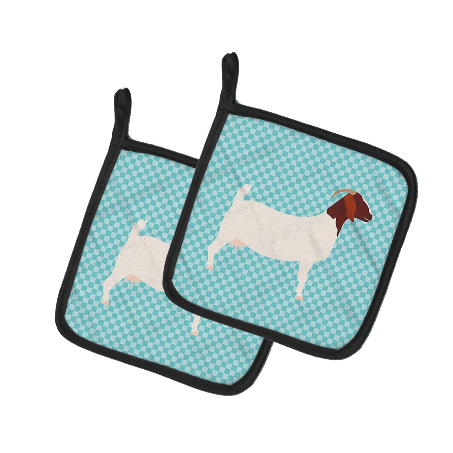 Boer Goat Blue Check Pot Holder Set of 2 Heat Resistant Quilted Hot Pads 7.5 x 7.5 Inch, Insulated Kitchen Trivets for Cooking & Baking