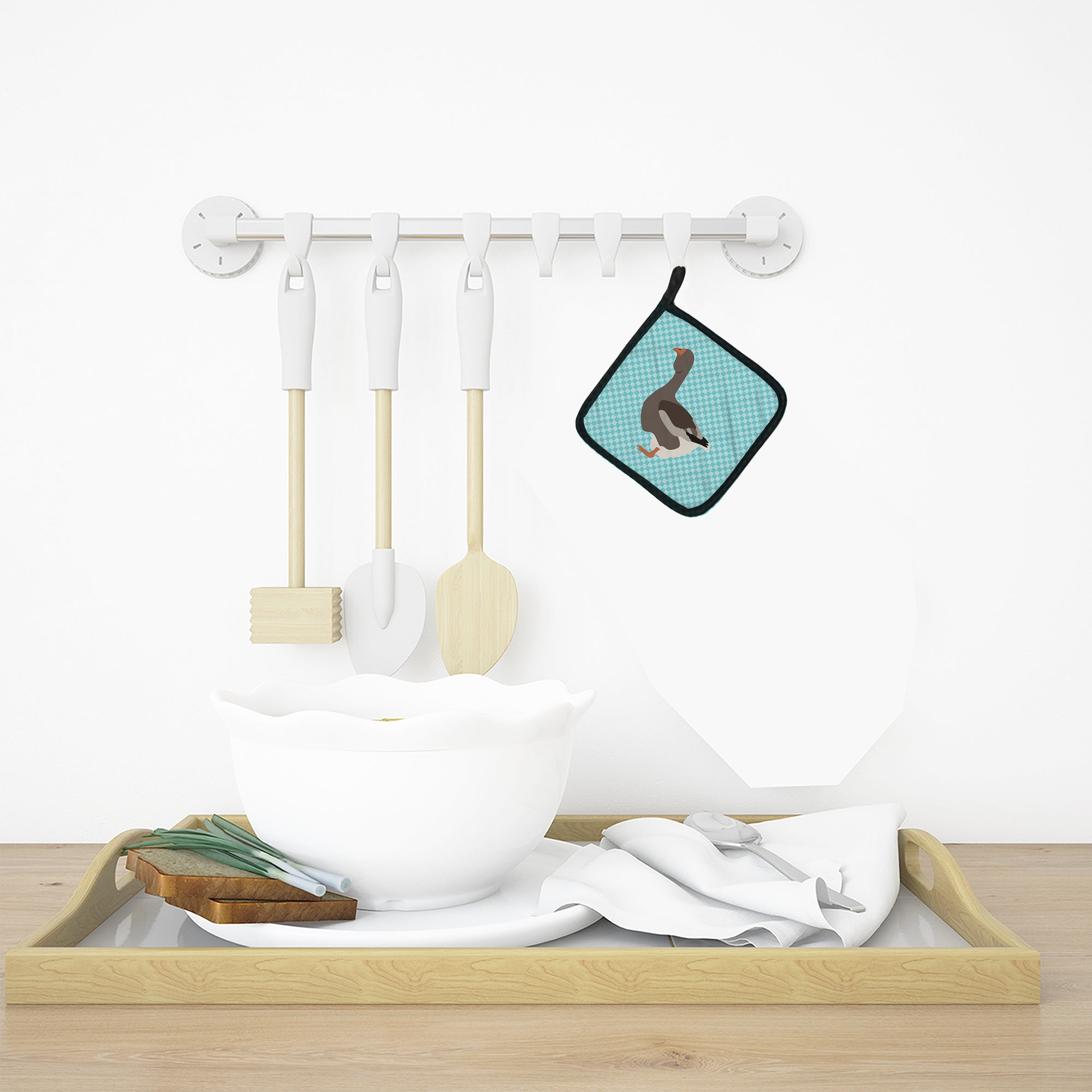 Toulouse Goose Blue Check Pot Holder Set of 2 Heat Resistant Quilted Hot Pads 7.5 x 7.5 Inch, Insulated Kitchen Trivets for Cooking & Baking